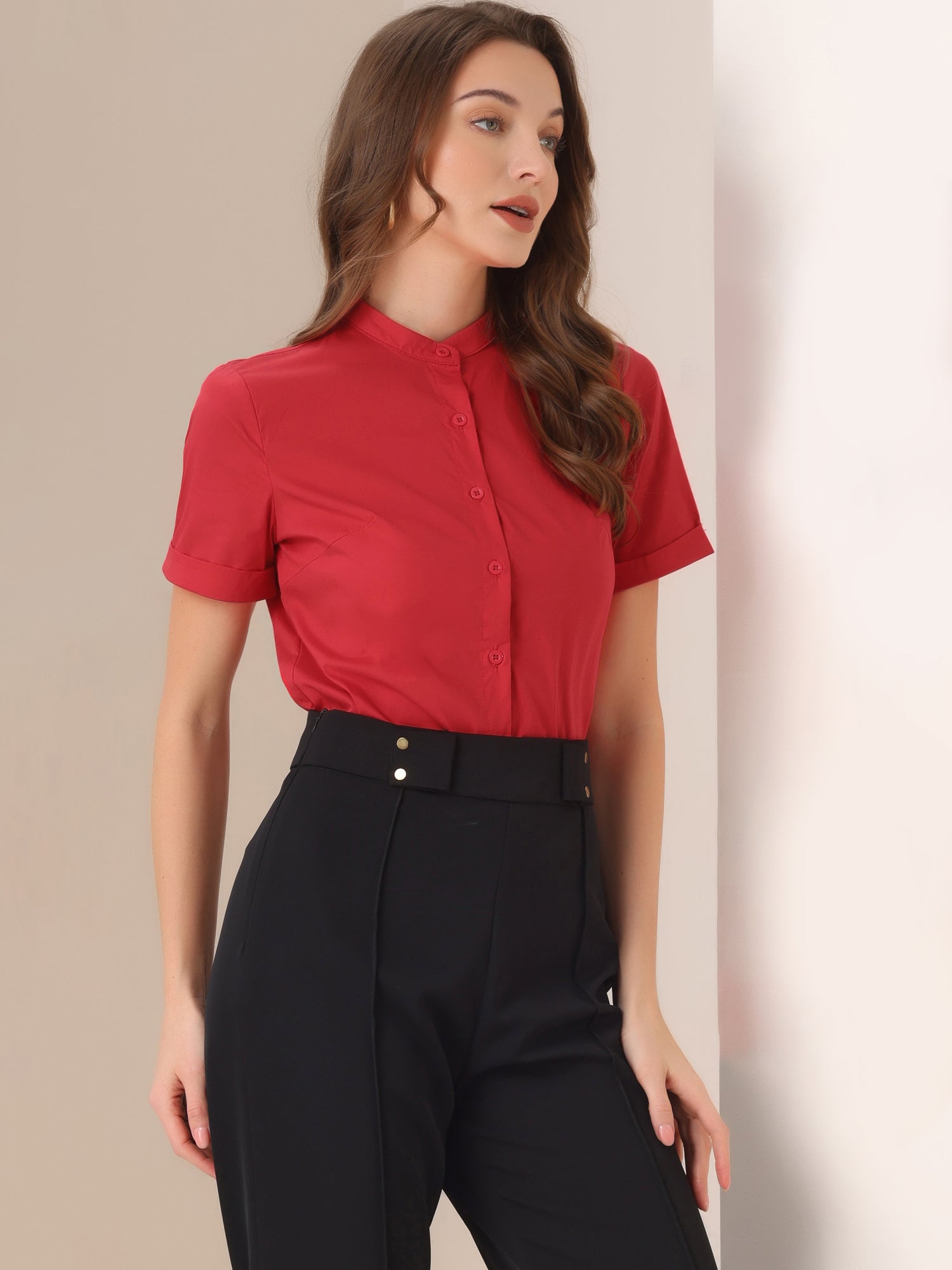 Button Down Stand Collar Short Sleeve Office Work Shirt Bodysuits