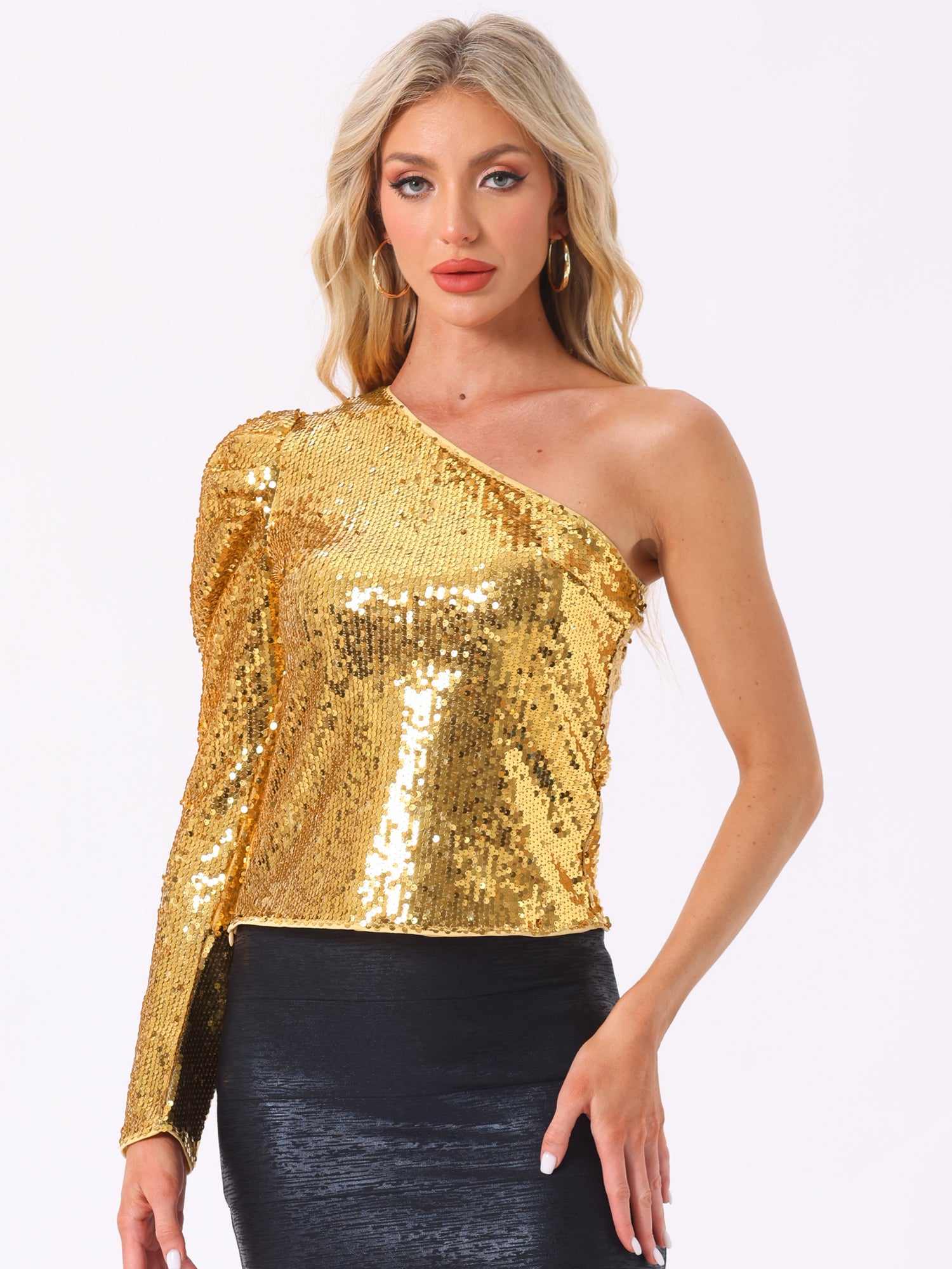 Sparkly Sequin One Shoulder Puff Long Sleeve Shimmer Tops