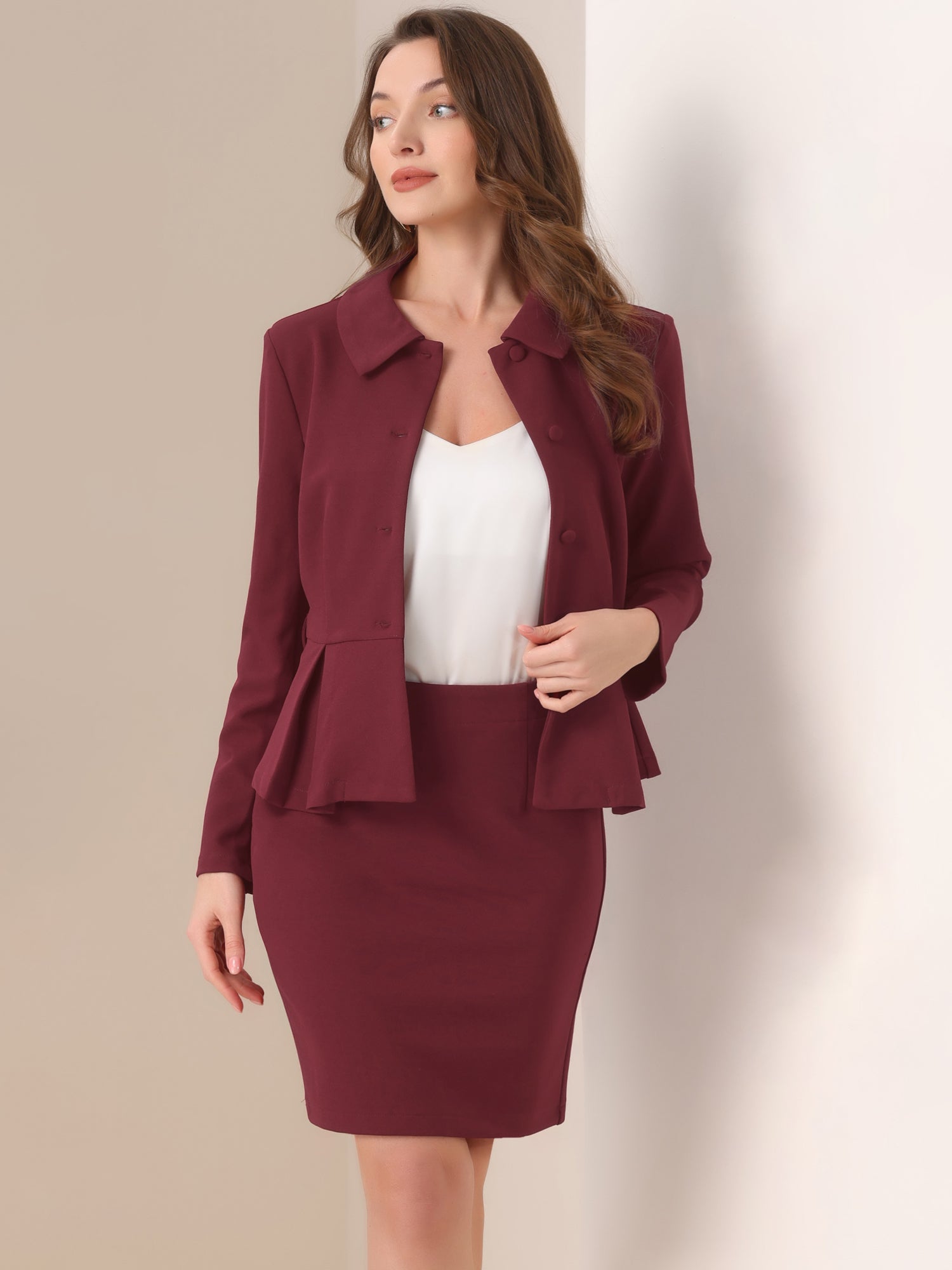 2pc Business Suits Belted Peplum Blazer Jacket and Pencil Skirt Sets