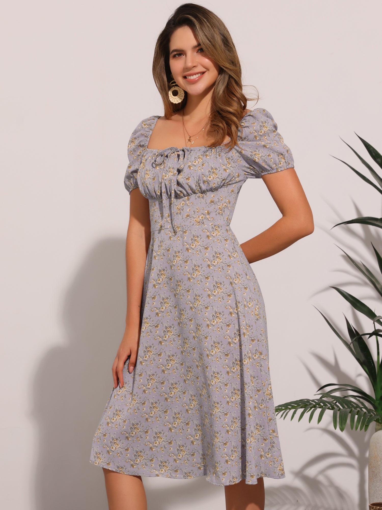 Square Neck Smocked Shirred Puff Sleeves Floral Midi Dress