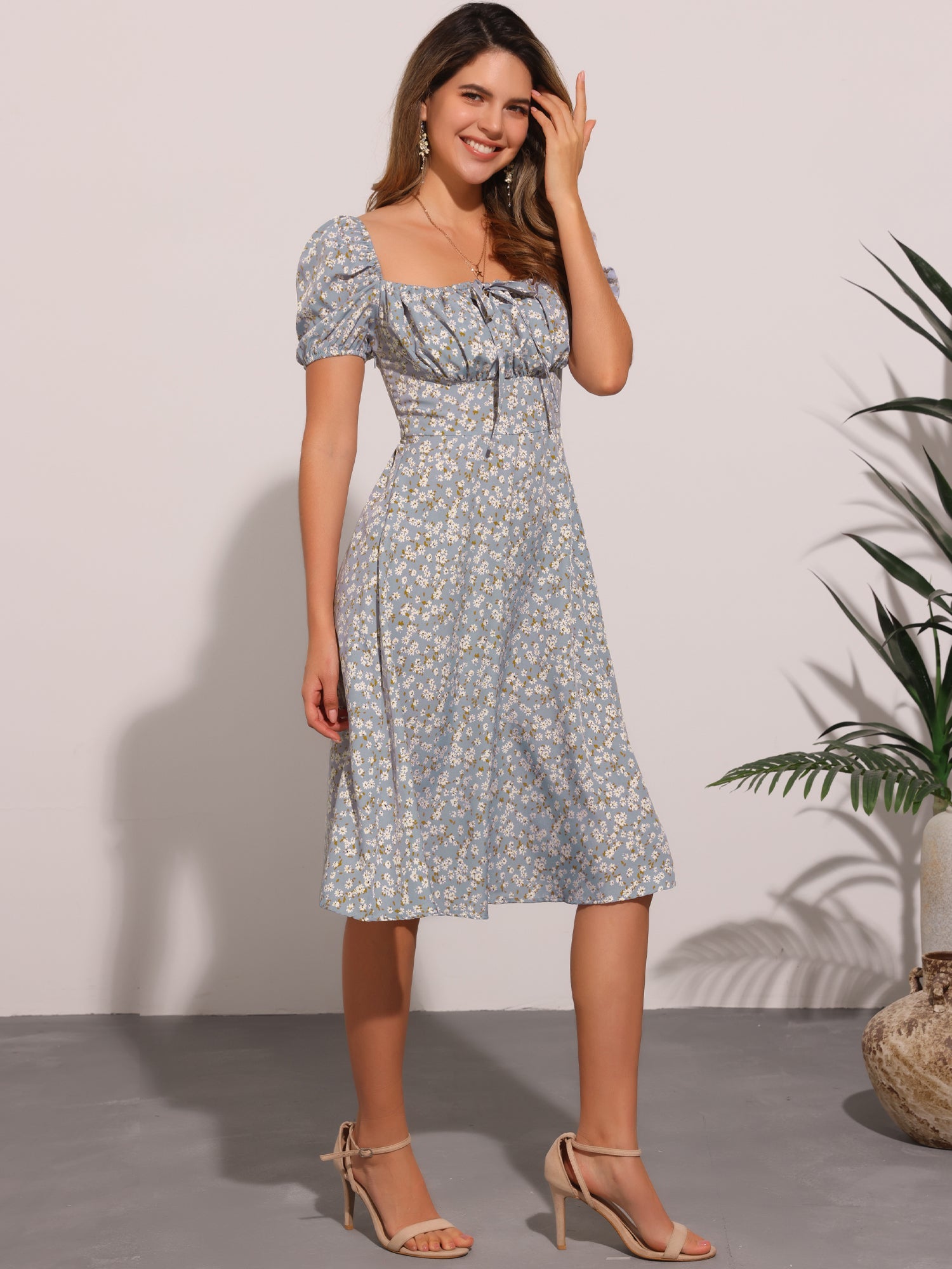 Square Neck Smocked Shirred Puff Sleeves Floral Midi Dress