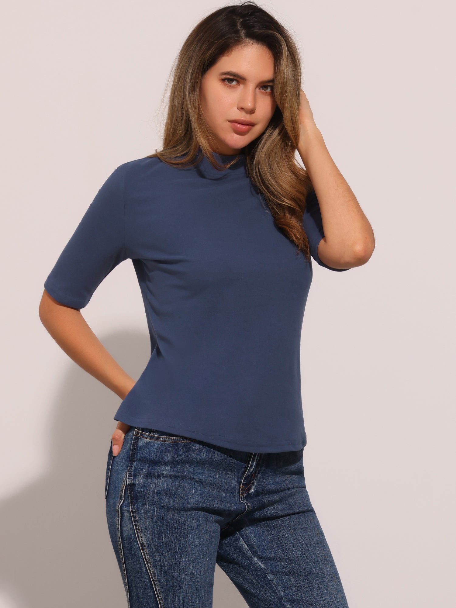 Mock Neck Solid Color Short Sleeves Casual T-shirts