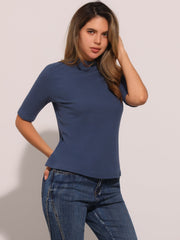 Mock Neck Solid Color Short Sleeves Casual T-shirts