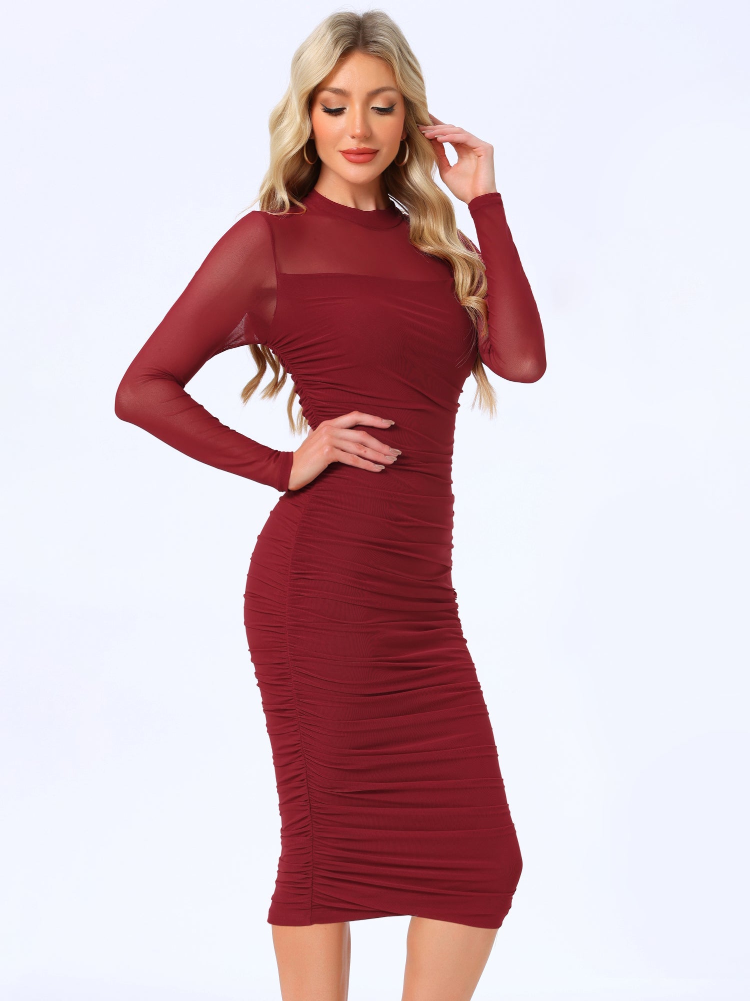 Mesh Sheer Mock Neck Ruch Cocktail Bodycon Midi Dress