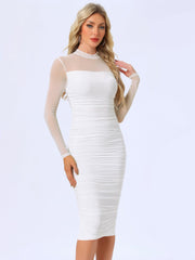 Mesh Sheer Mock Neck Ruch Cocktail Bodycon Midi Dress