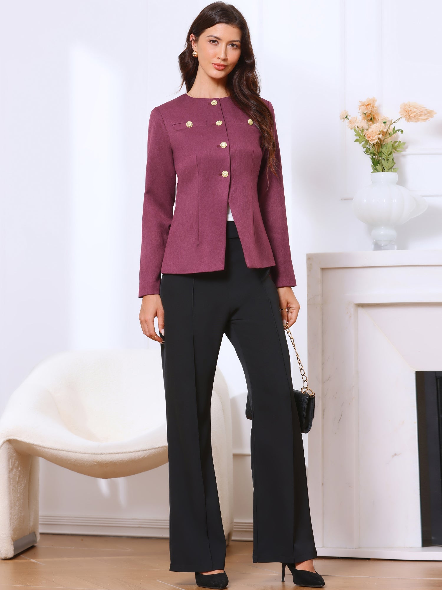 Collarless Button Down Long Sleeve Peplum Jackets