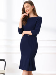 Business Elegant Boat Neck Half Sleeve Pleated Midi Solid Dress