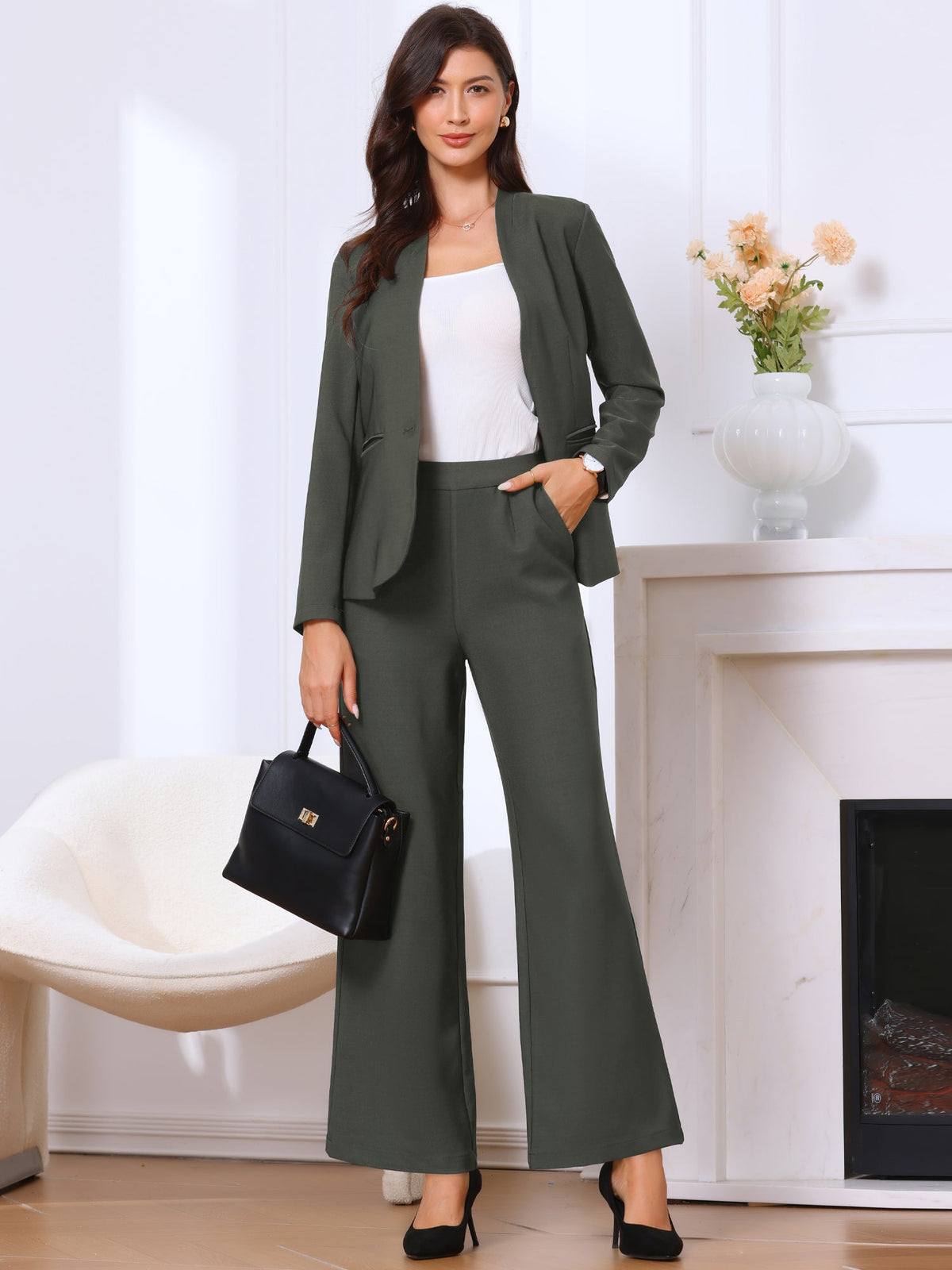 2 Piece Collarless One Button Blazer & Bell Bottom Pants Business Suit Set