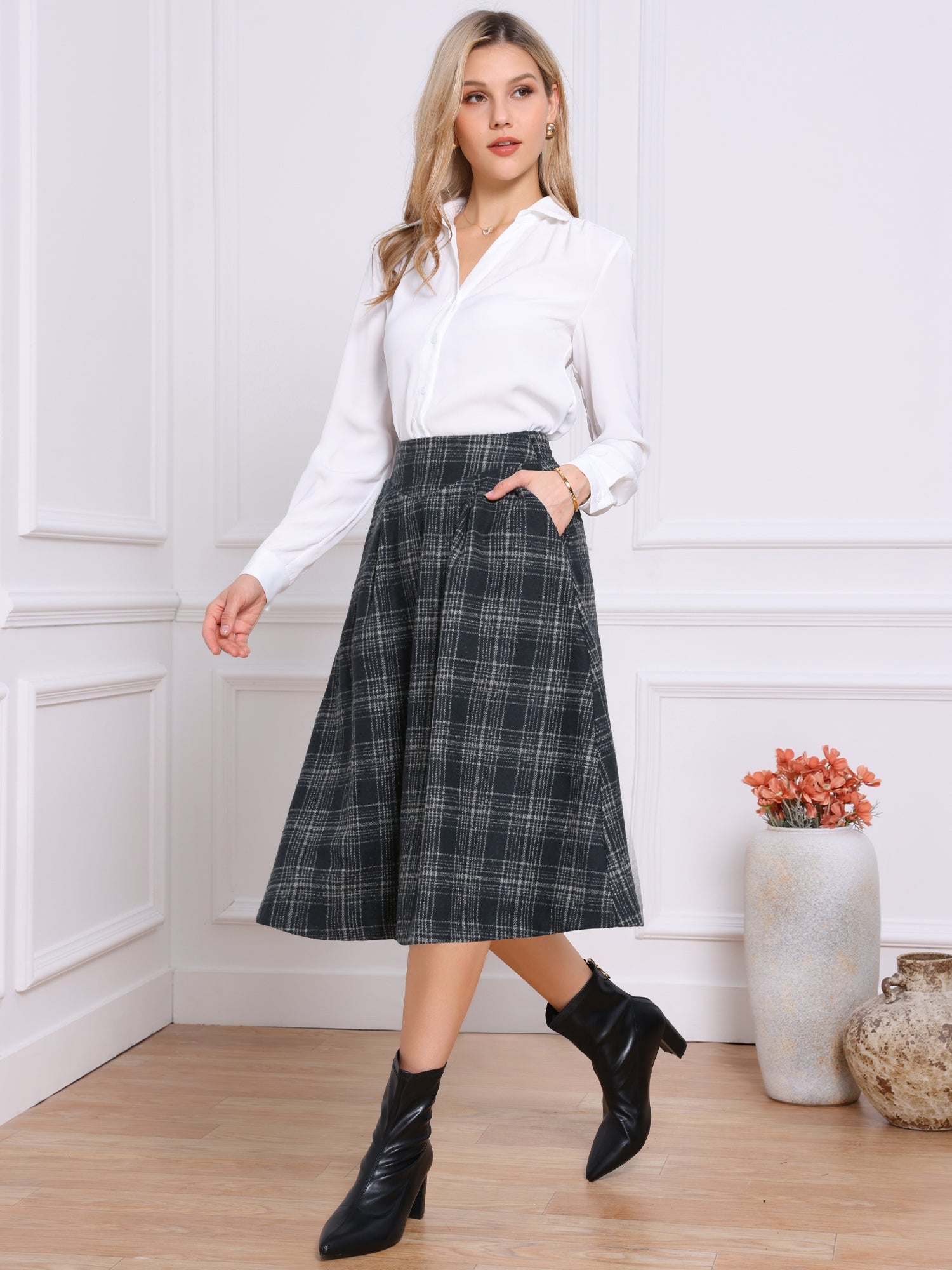 Plaid Vintage Pocketed Midi A-Line Skirt
