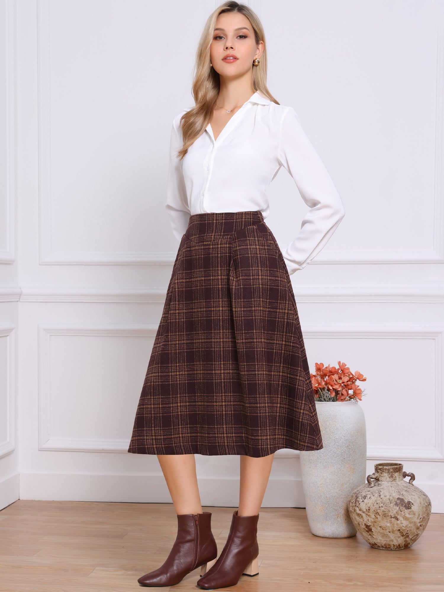 Plaid Vintage Pocketed Midi A-Line Skirt
