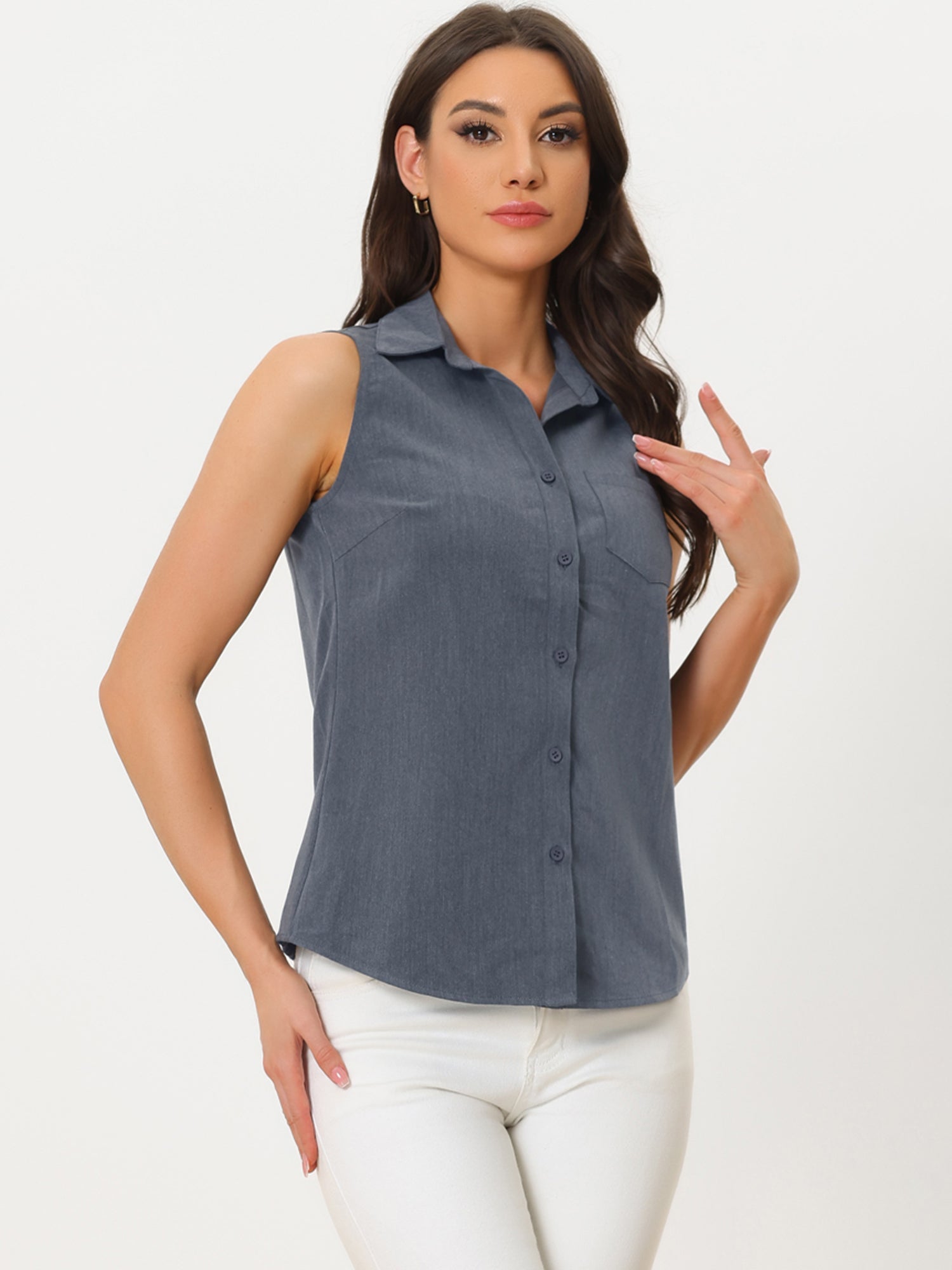 Denim Button Down Sleeveless Lapel V Neck Chambray Tunic Top