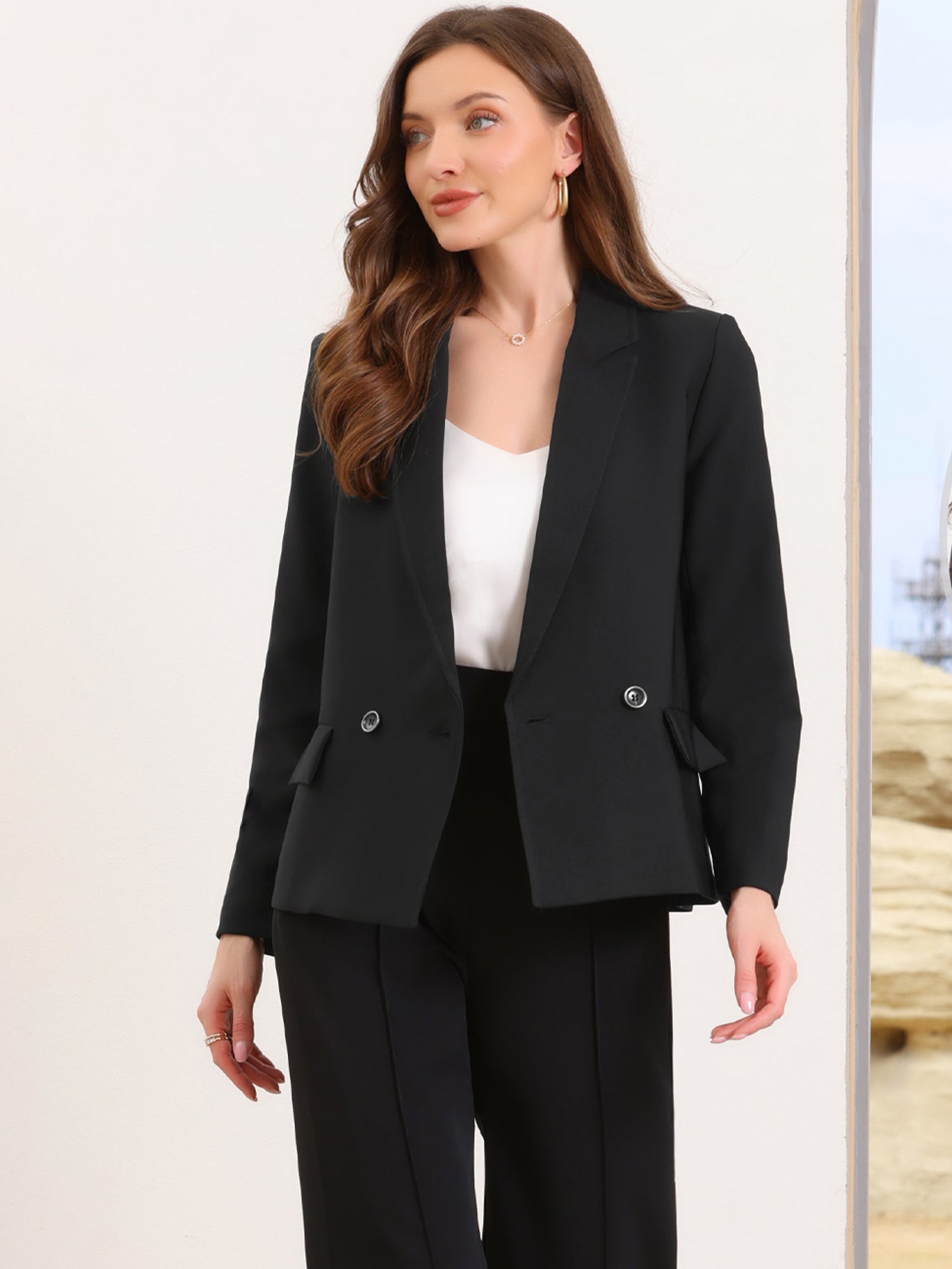 Double Breasted Notched Lapel Long Sleeve Work Office Blazer