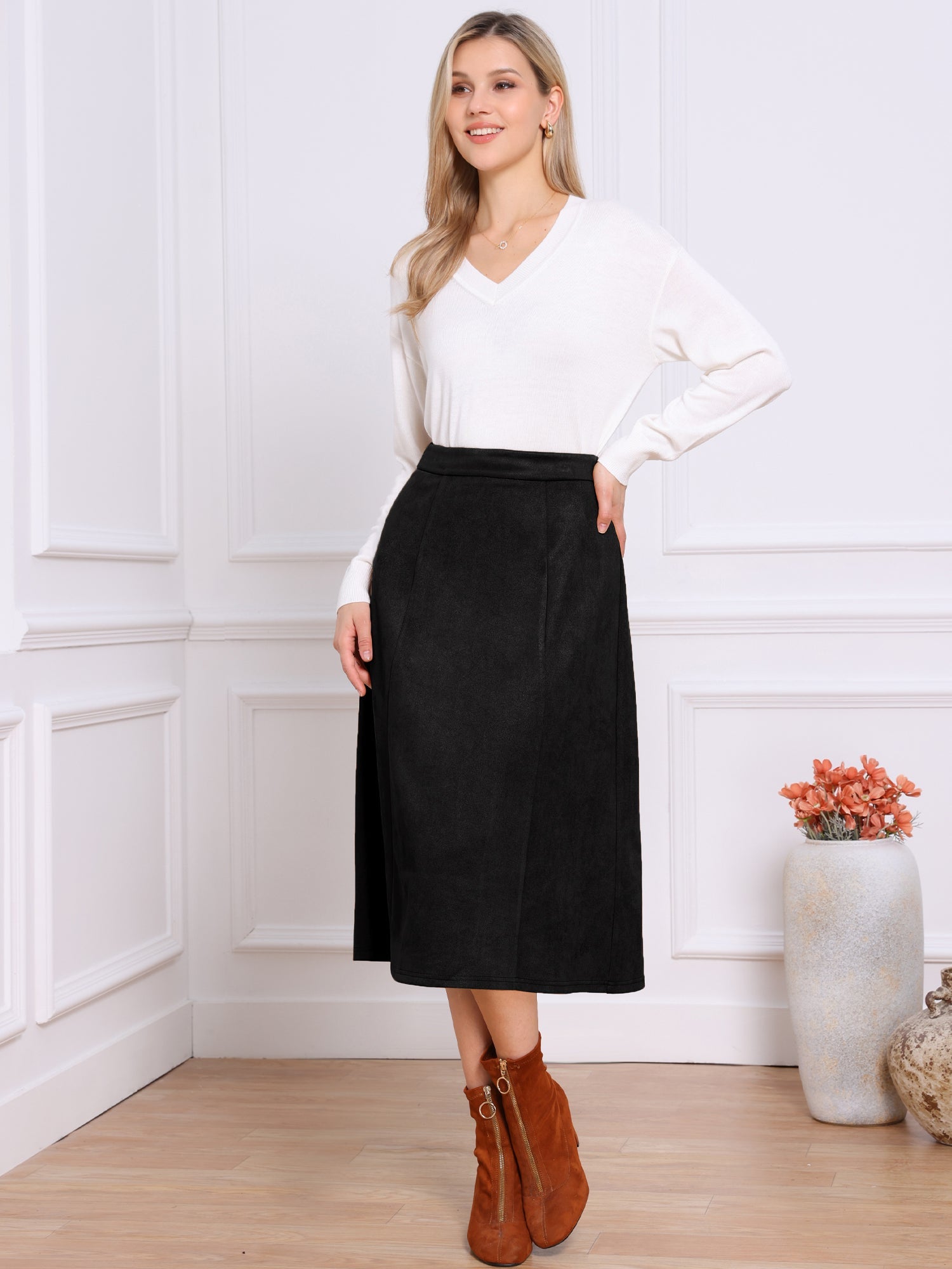 Faux Suede Casual A-Line Midi Skirts