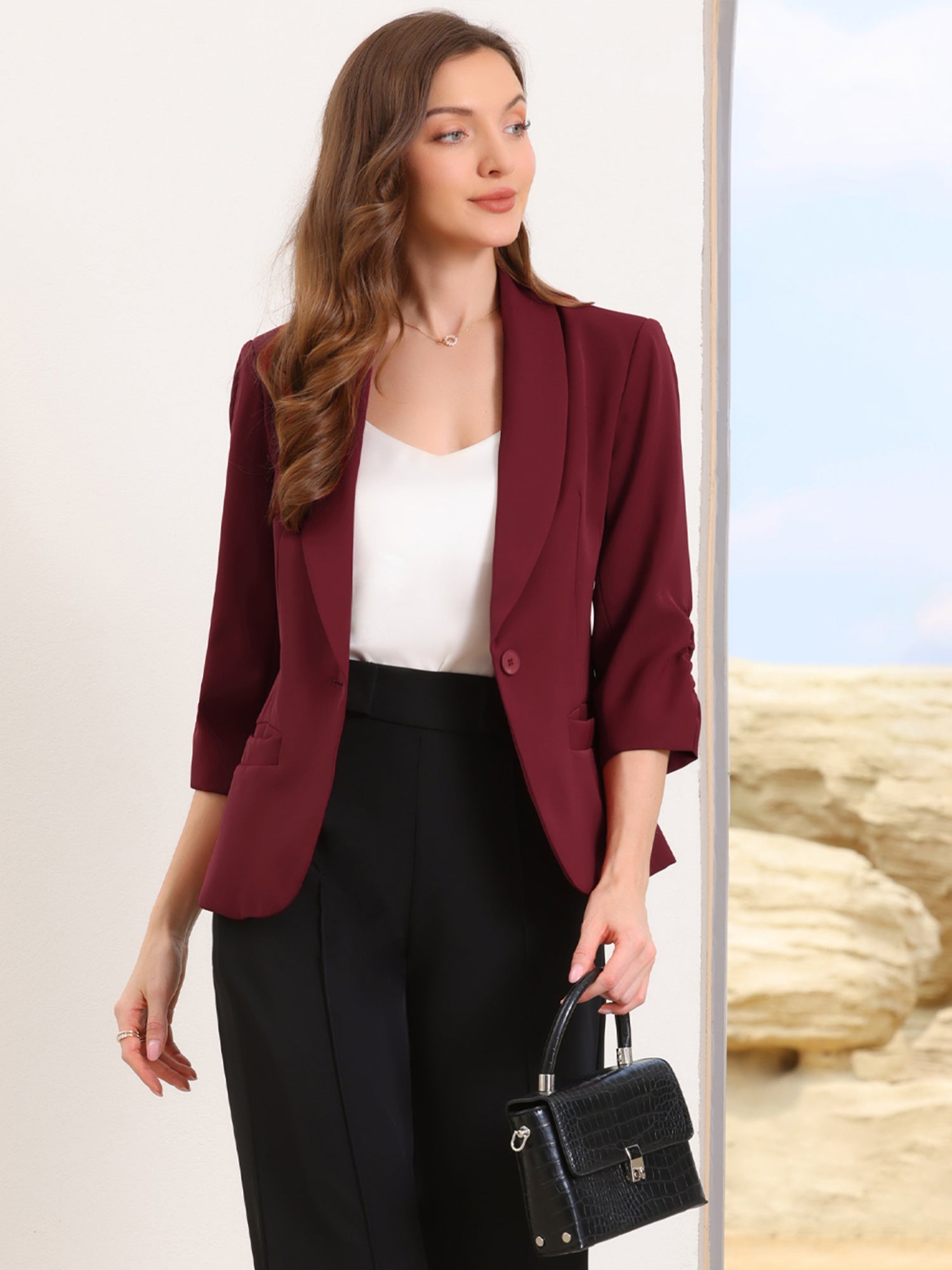 Shawl Lapel Ruched 3/4 Sleeves Pocketed Single Button Office Blazer