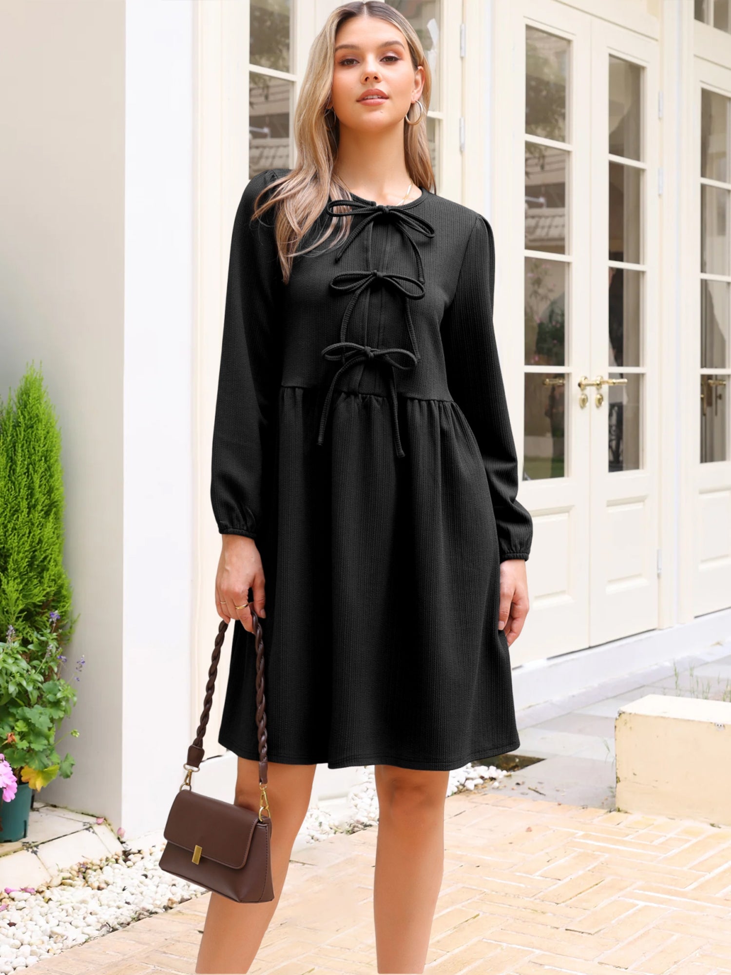 Puff Long Sleeve Bow Tie Front Babydoll Dress