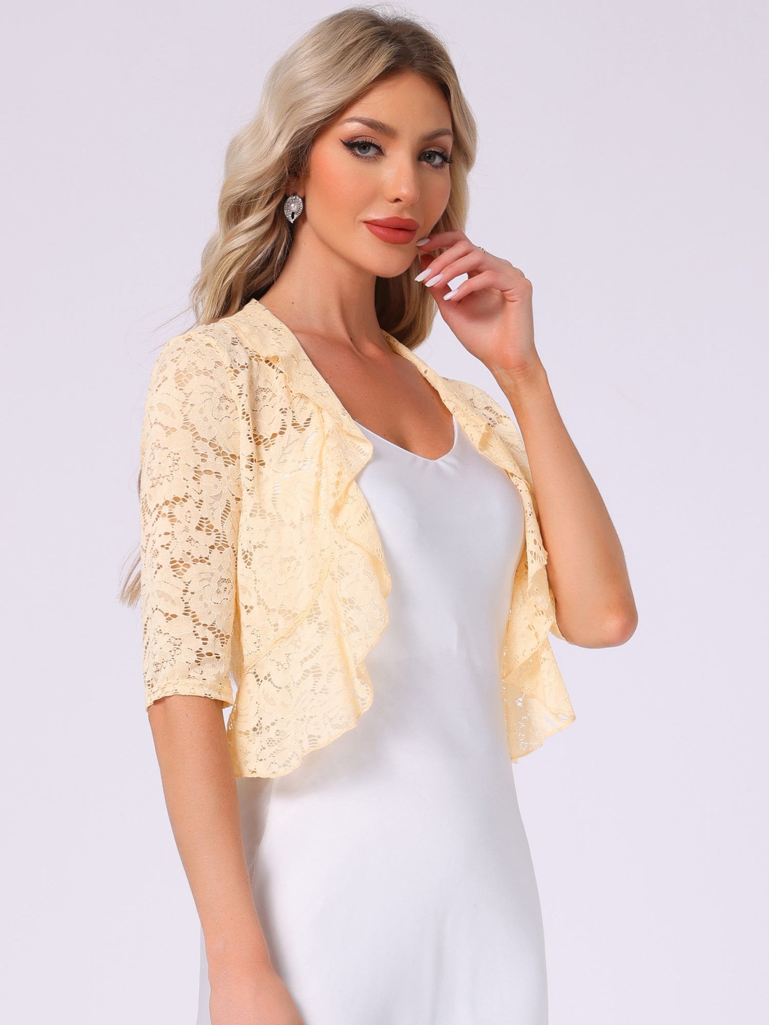 Lace Sheer 3/4 Sleeve Ruffle Hem Open Front Bolero Shrug
