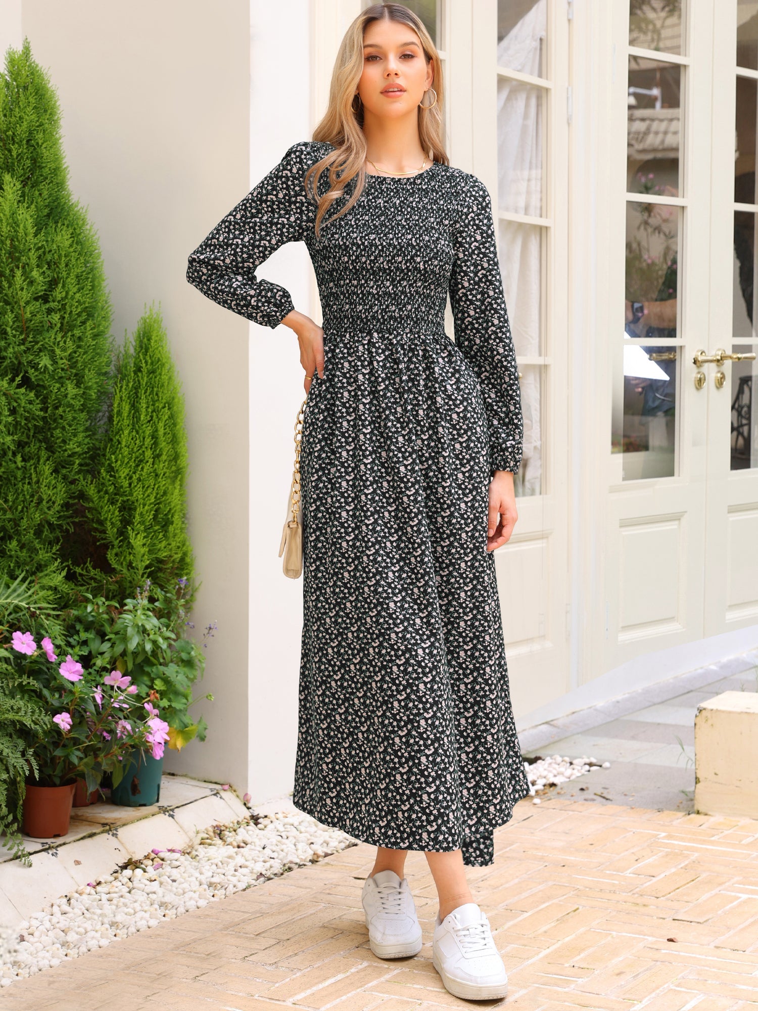 Floral Smocked Long Puff Sleeve A-Line Maxi Dress