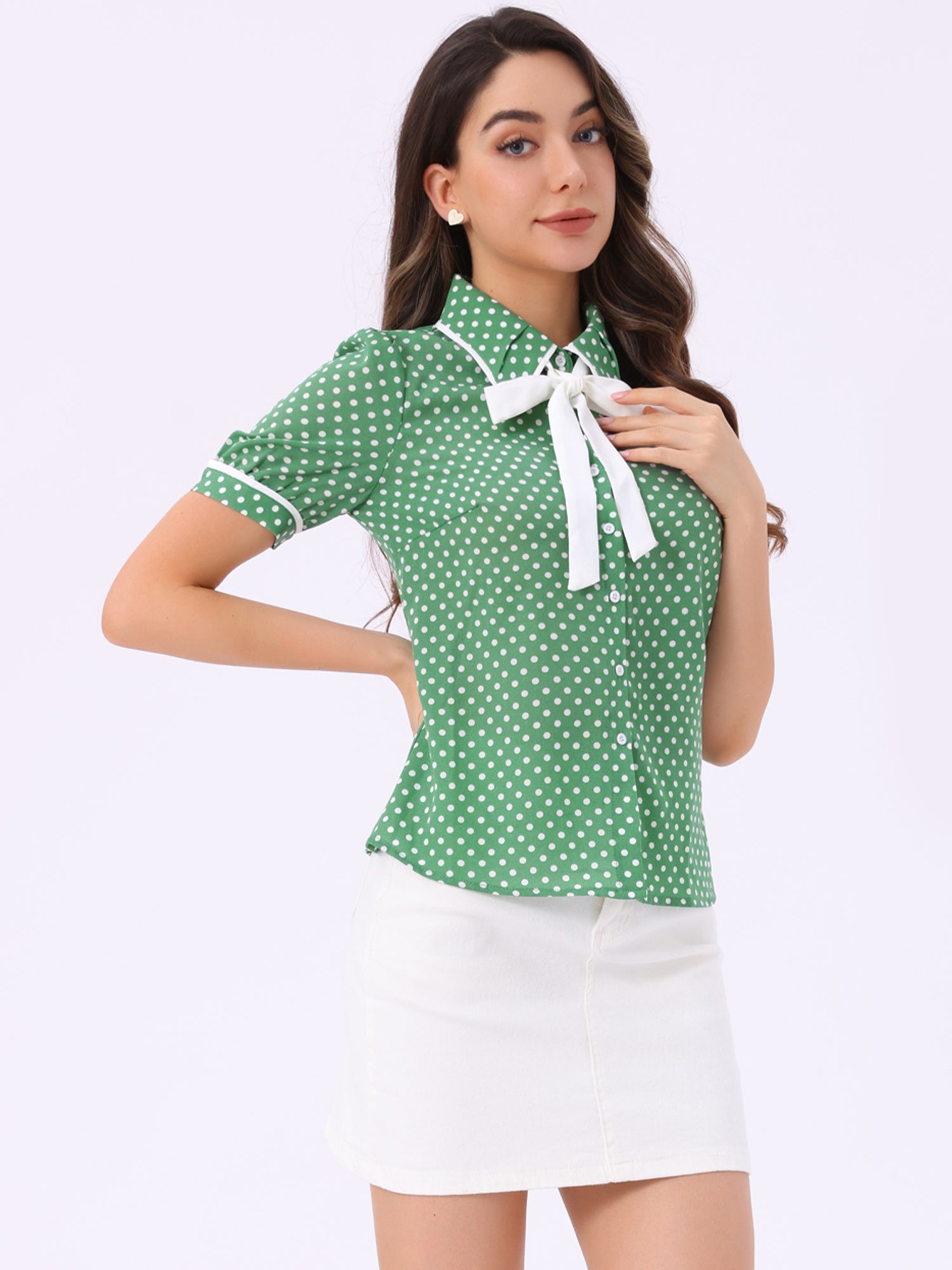 Polka Dot Peter Pan Collar Bow Tie Neck Puff Sleeve Vintage Shirt