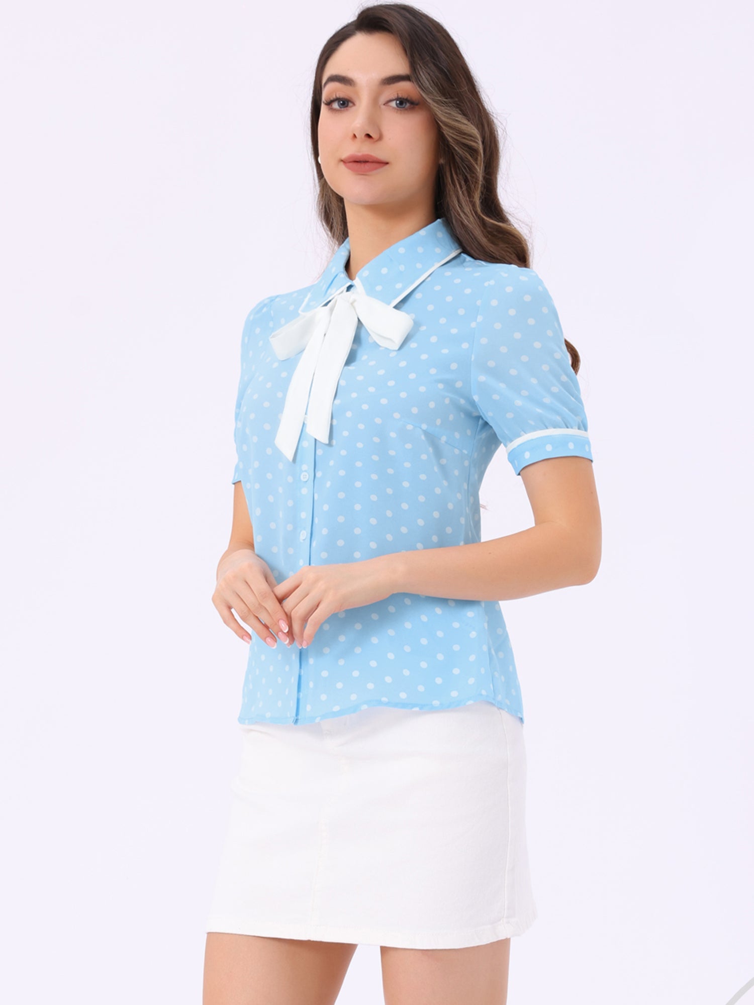 Polka Dot Peter Pan Collar Bow Tie Neck Puff Sleeve Vintage Shirt