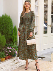Floral Smocked Long Puff Sleeve A-Line Maxi Dress