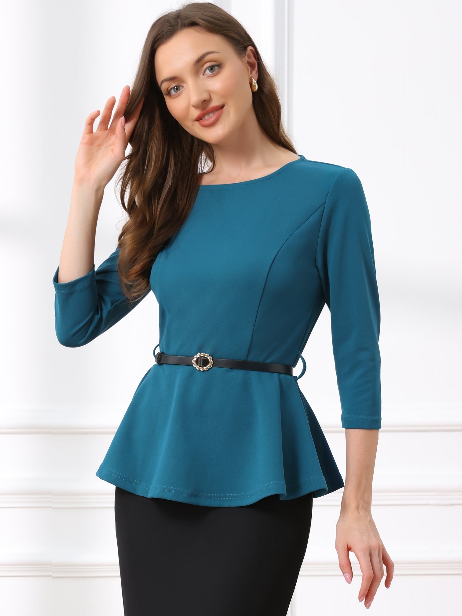 3/4 Sleeve Belted Peplum Elegant Business Work Blouse