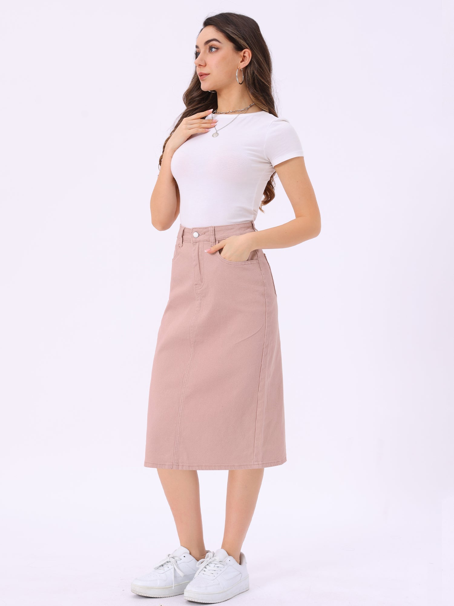 Casual Denim High Waist Stretchy Midi Pencil Jean Skirt