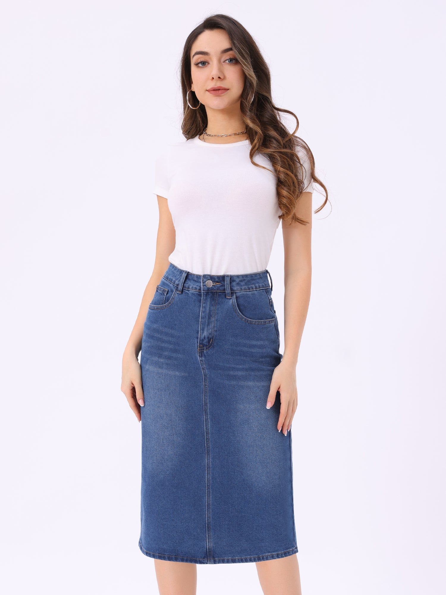 Casual Denim High Waist Stretchy Midi Pencil Jean Skirt
