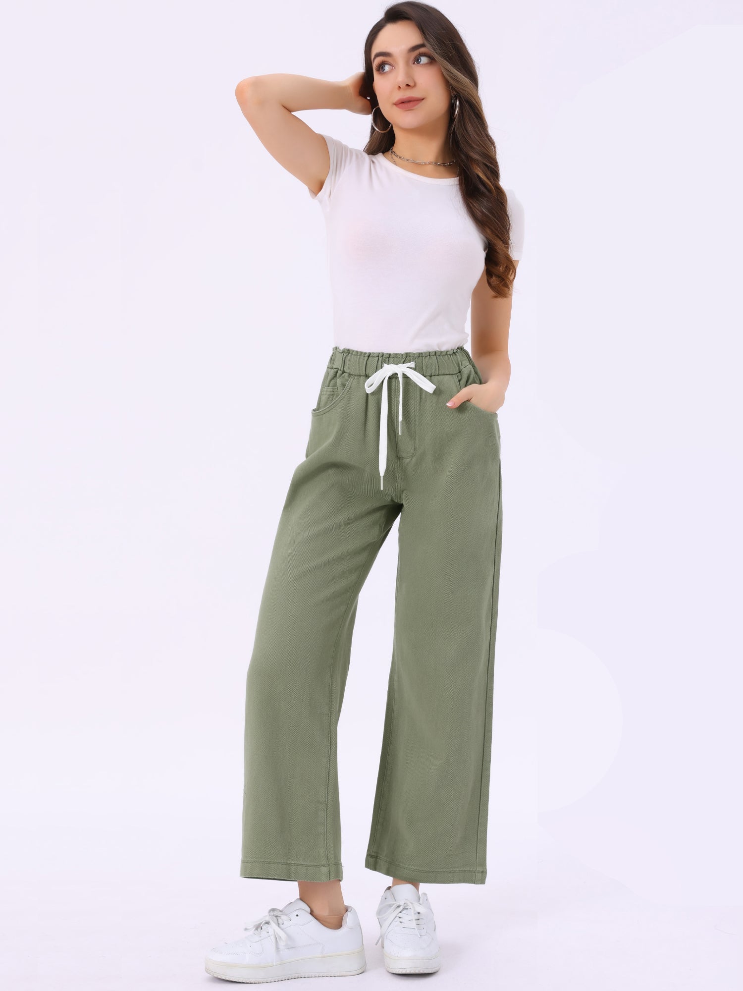 Casual Denim Pants Drawstring Elastic Waist Wide Legs Jeans