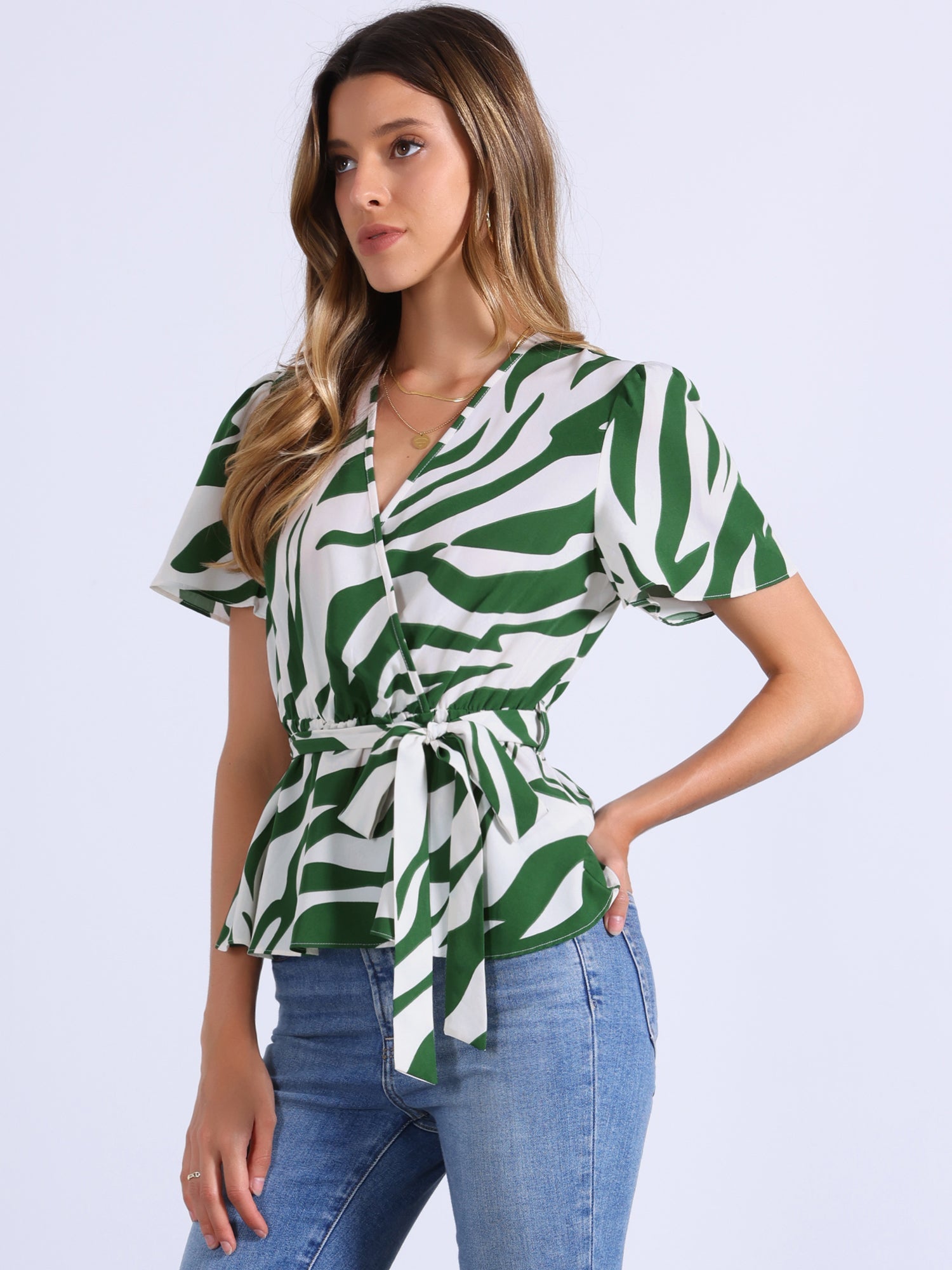 Printed V Neck Elastic Waist Belt Ruffle Peplum Blouse