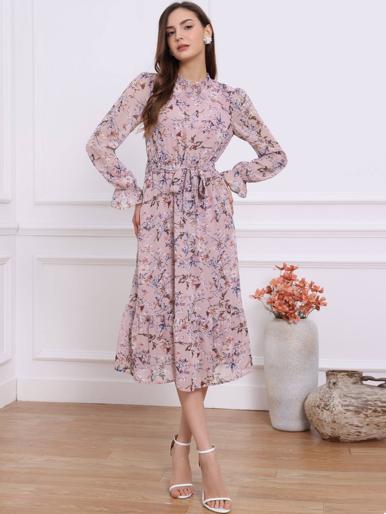 Floral Long Sleeve Belted Flowy Chiffon Midi Dress