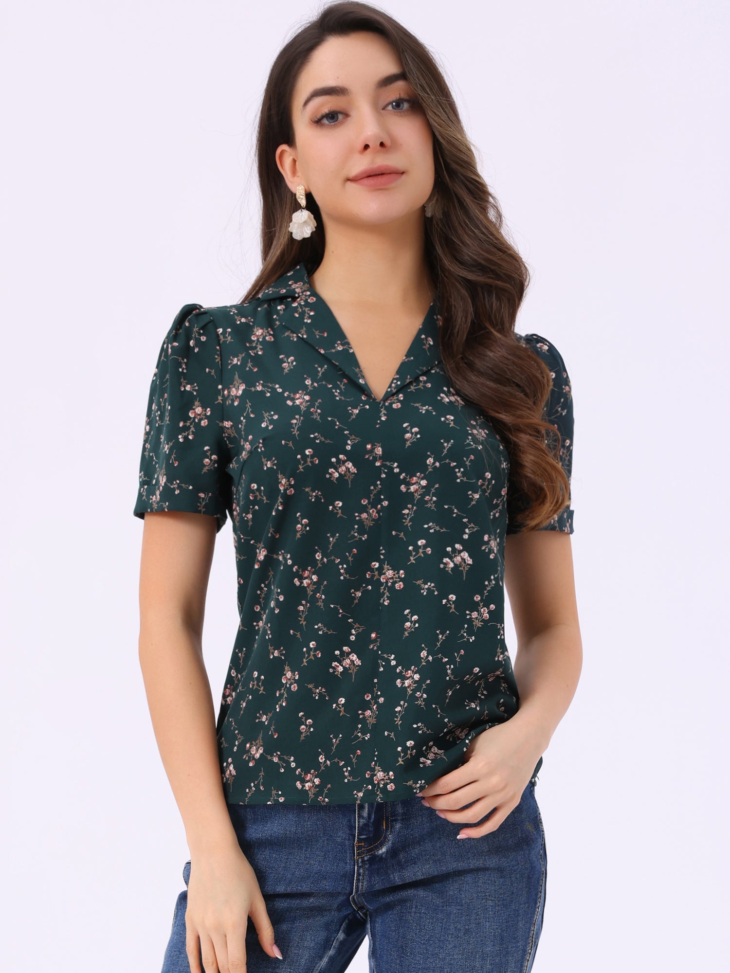 Short Sleeve Casual Cherry Print Notched Lapel Collar Shirt Blouse