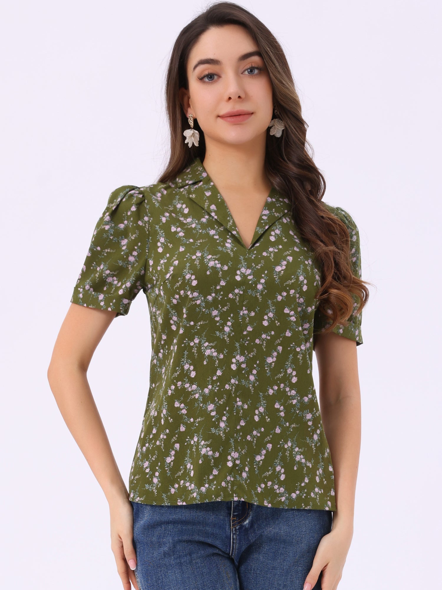 Short Sleeve Casual Cherry Print Notched Lapel Collar Shirt Blouse