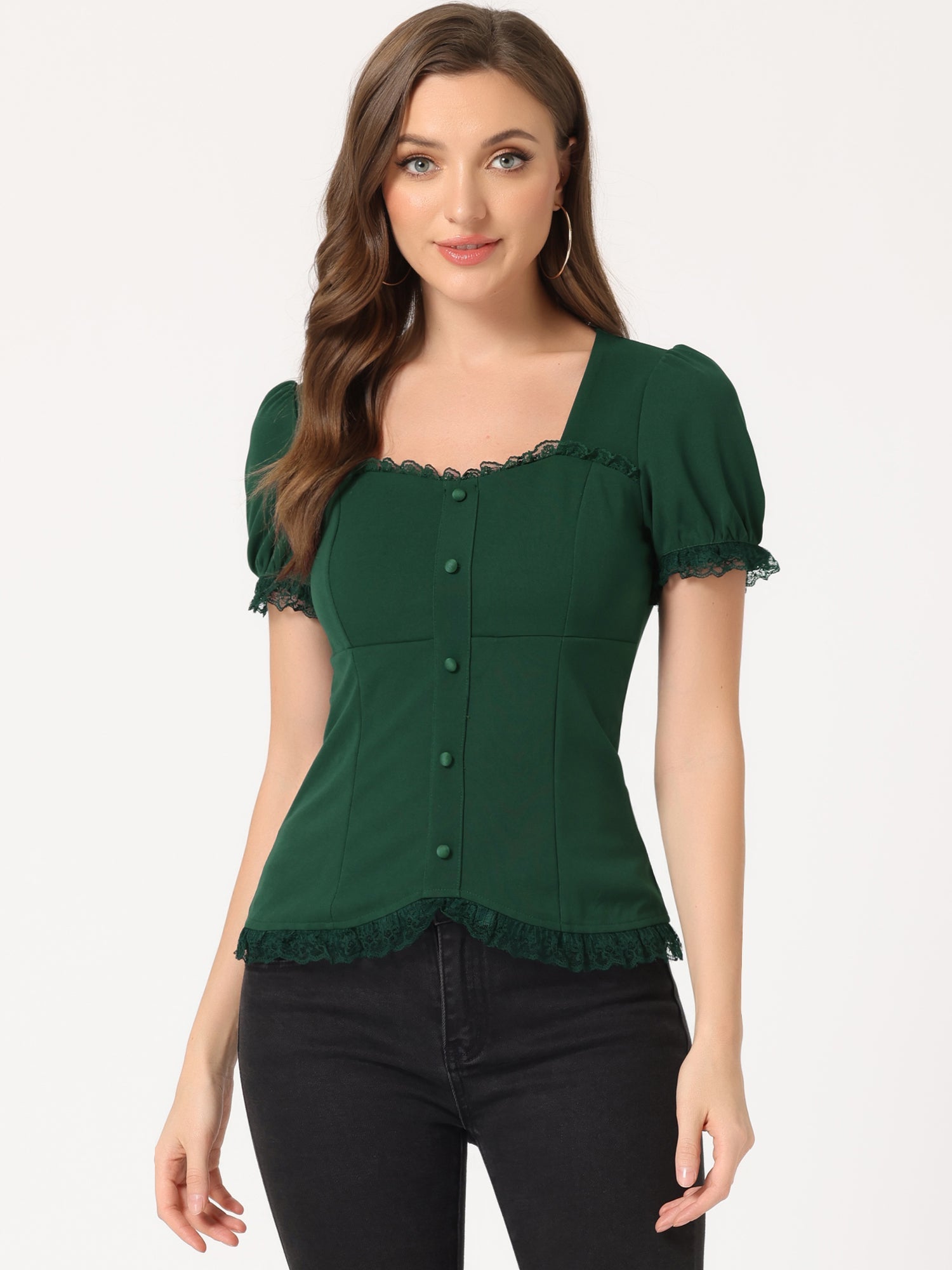 Sweetheart Neck Puff Short Sleeve Lace Up Gothic Blouse