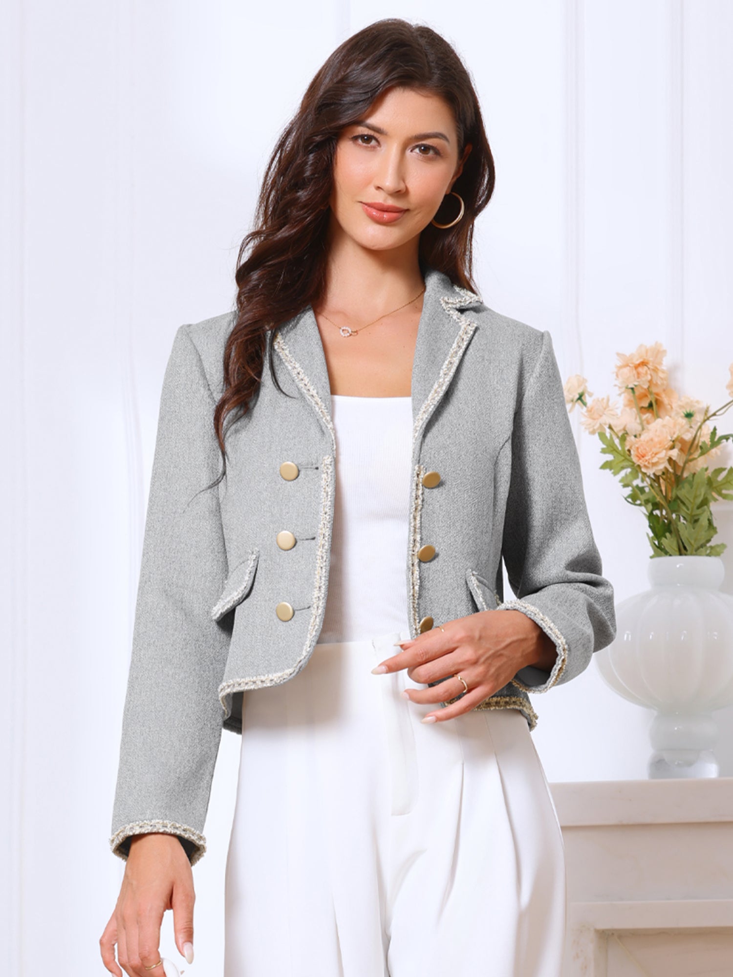 Notched Lapel Long Sleeve Dressy Casual Tweed Jacket