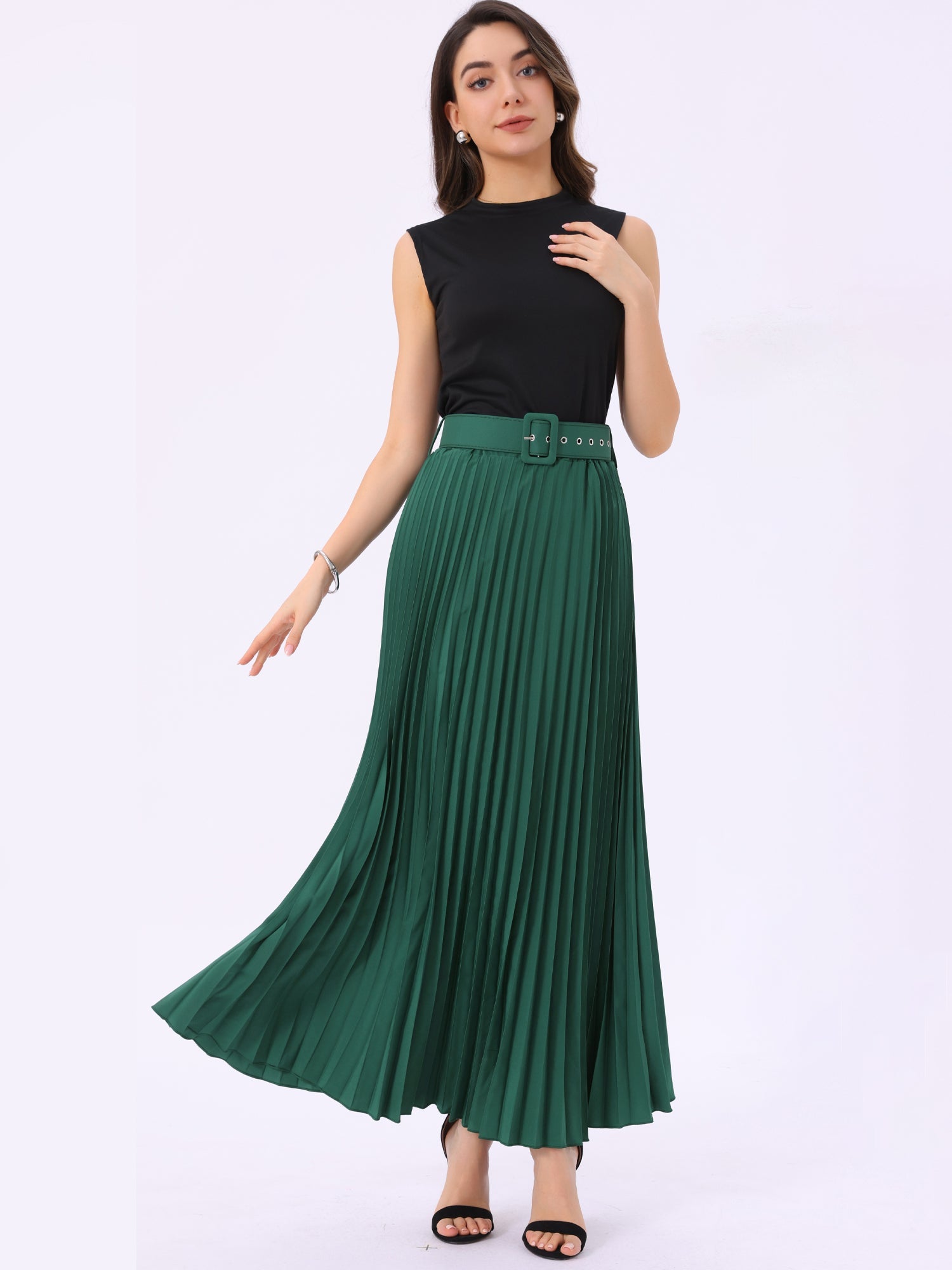 Flowy Pleated Elastic High Waist Belted Swing A-line Maxi Skirt
