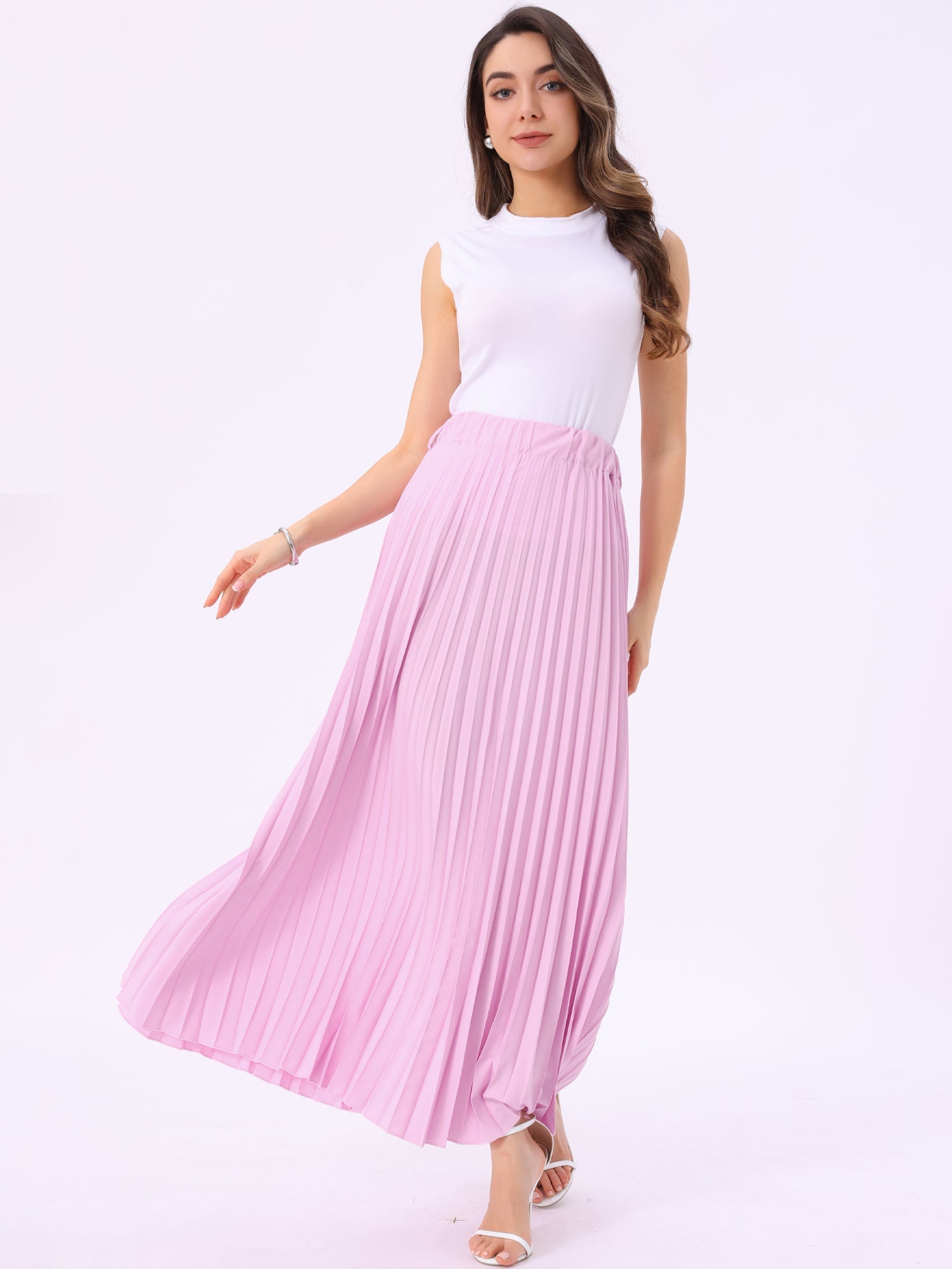 Flowy Pleated Elastic High Waist Belted Swing A-line Maxi Skirt