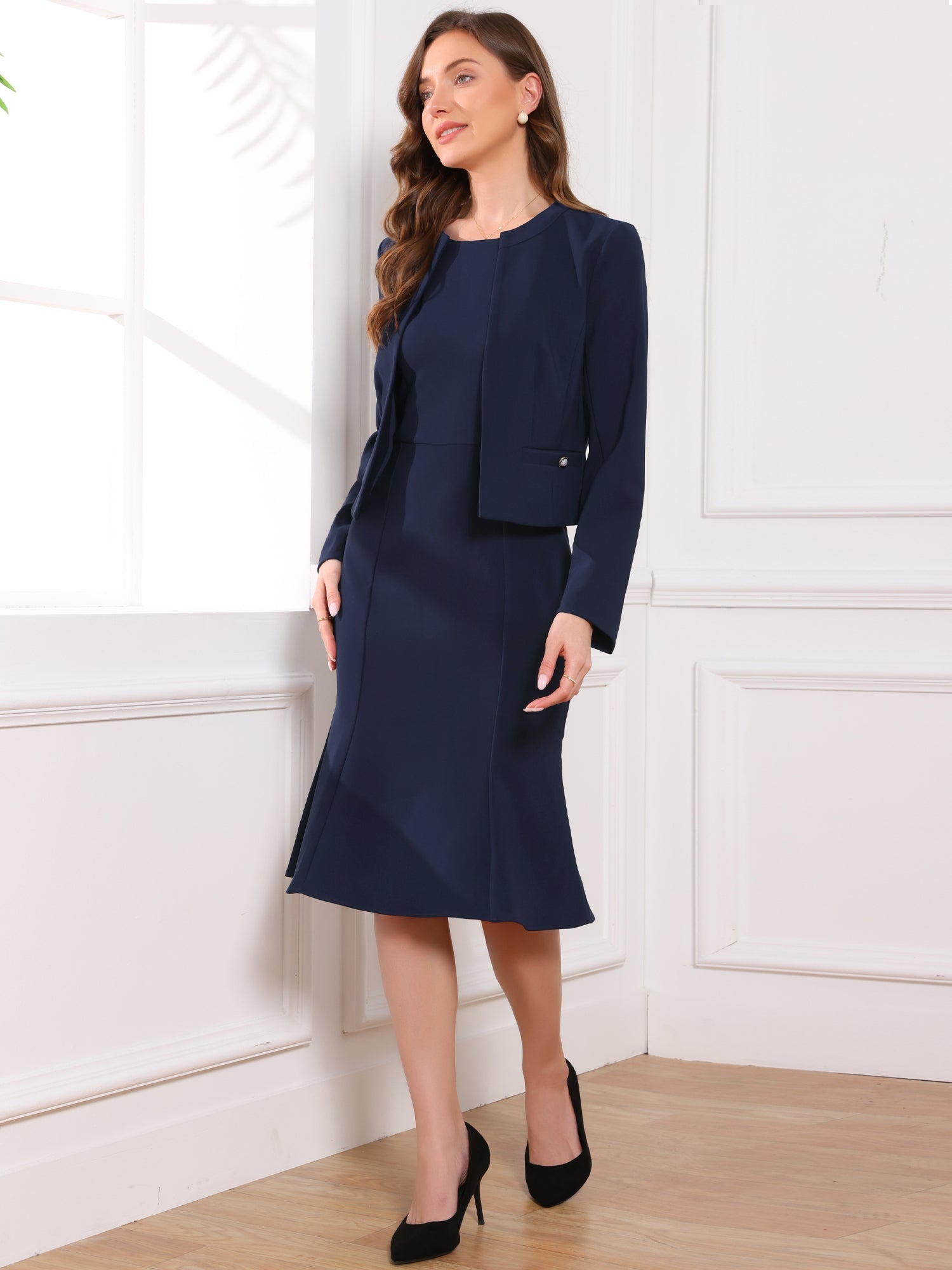2 Pieces Long Sleeves Collarless Jacket & Sleeveless Fishtail Midi Dress Sets