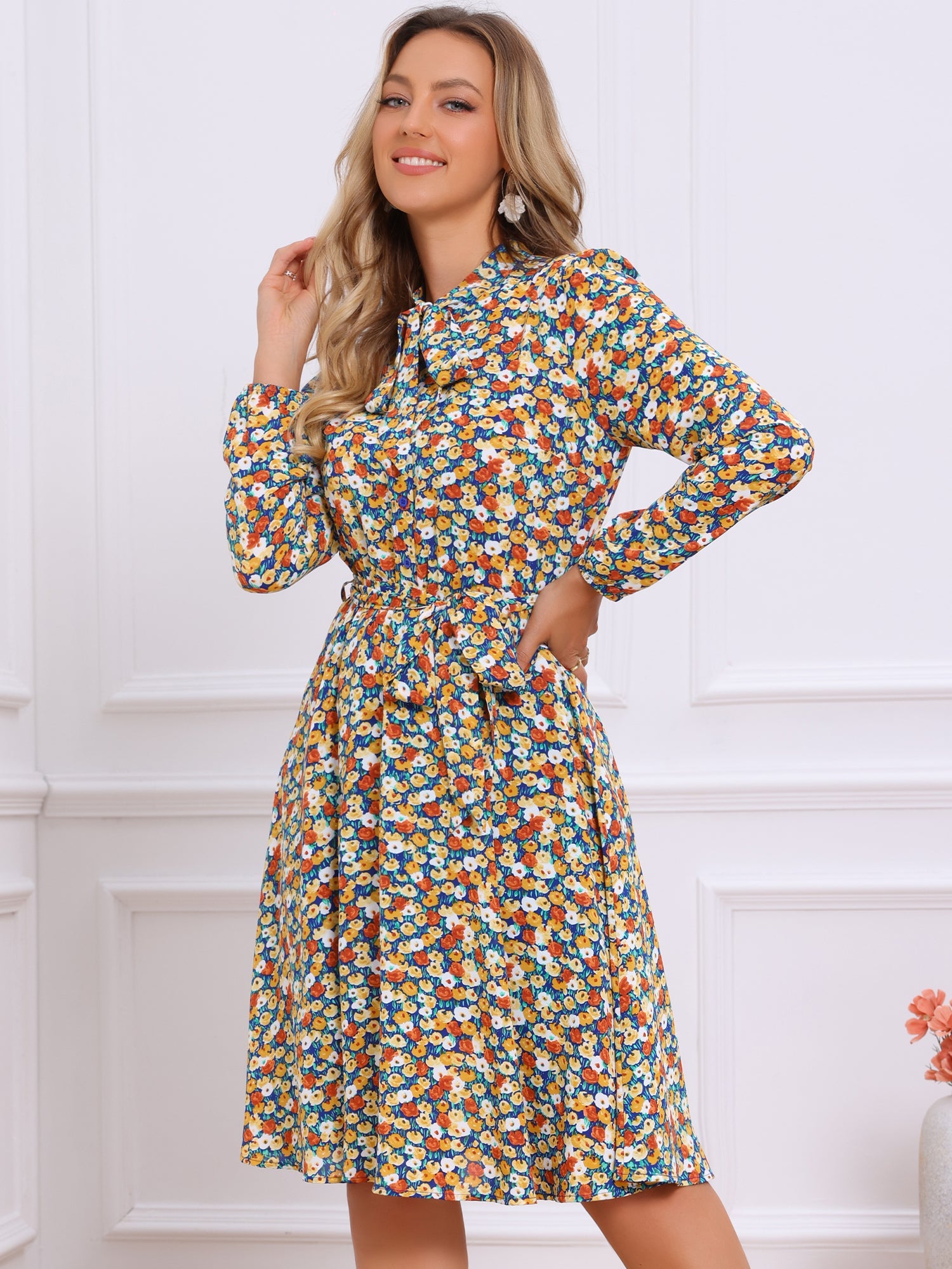 Tie Neck Chiffon Long Sleeve Belted Vintage Floral Dress