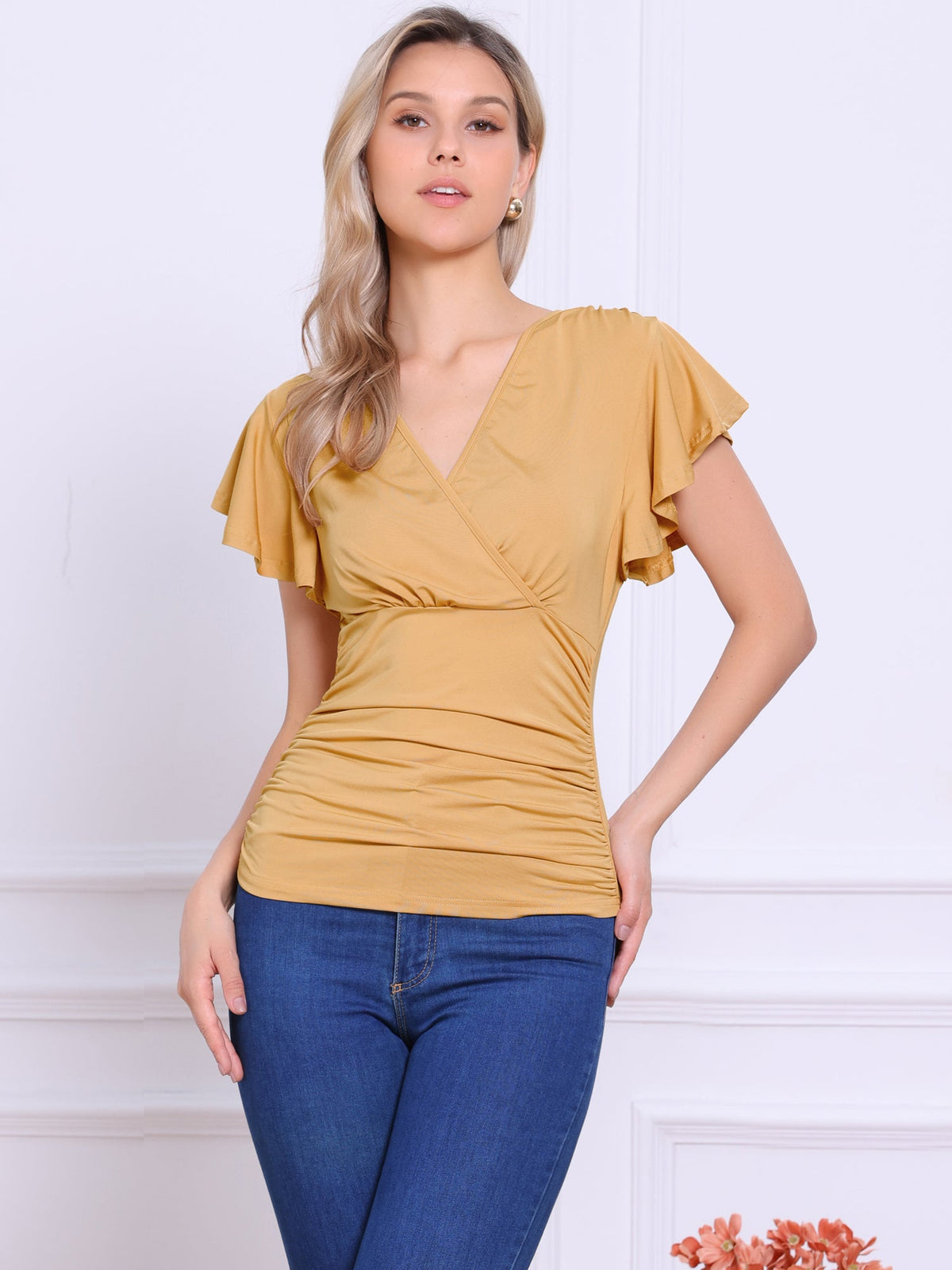 Faux Wrap Blouse Summer V Neck Ruffle Sleeve Casual Top Blouse