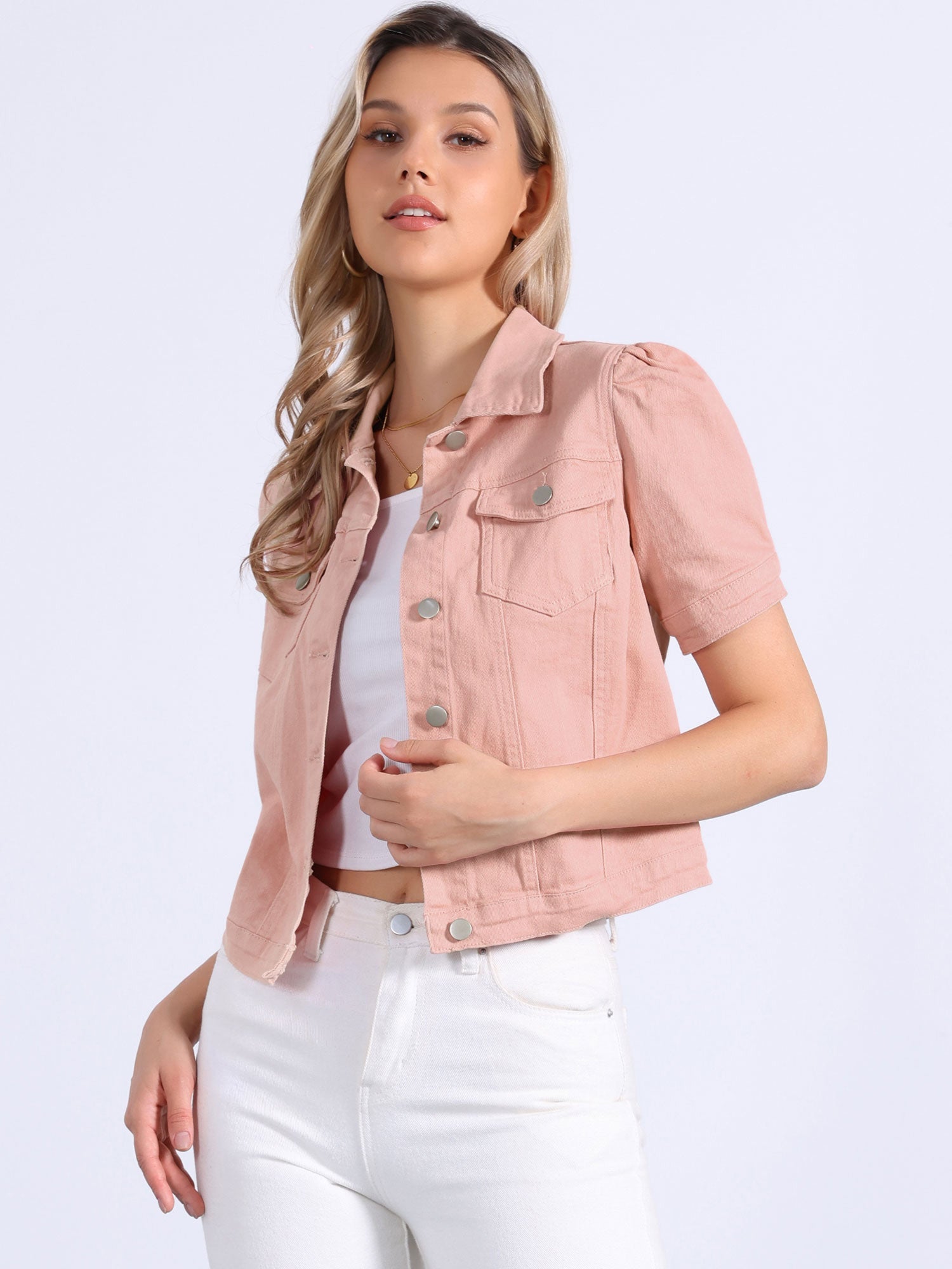 Casual Short Puff Sleeves Button-Down Jean Denim Jacket