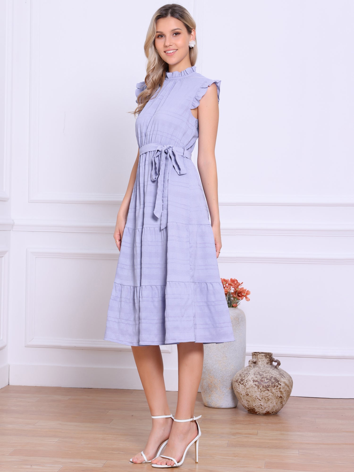 Mock Neck Ruffled Textured Cap Sleeve Tiered Midi Dress