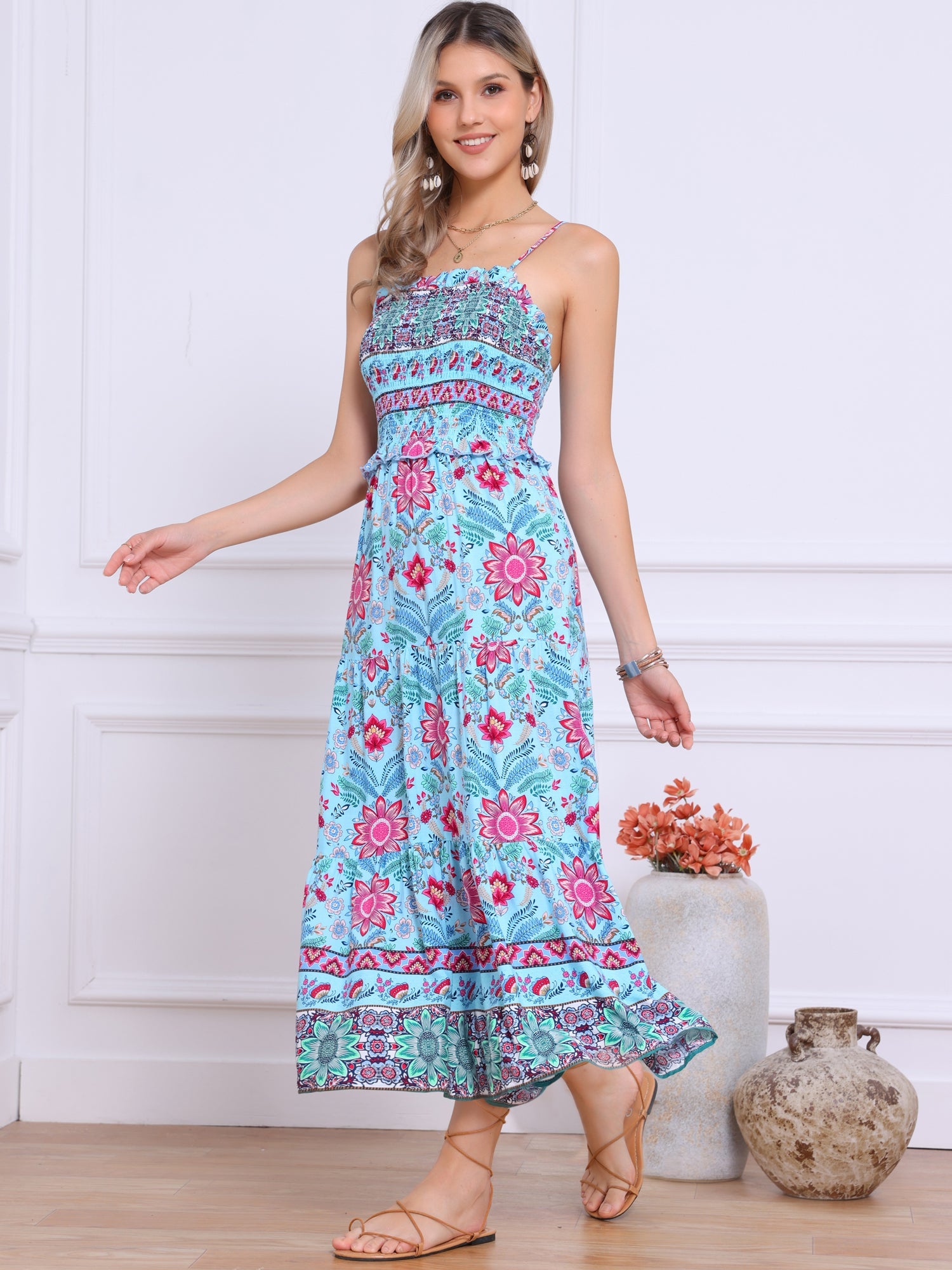 Boho Floral Summer Spaghetti Strap A-Line Flowy Smocked Midi Dress Sundress