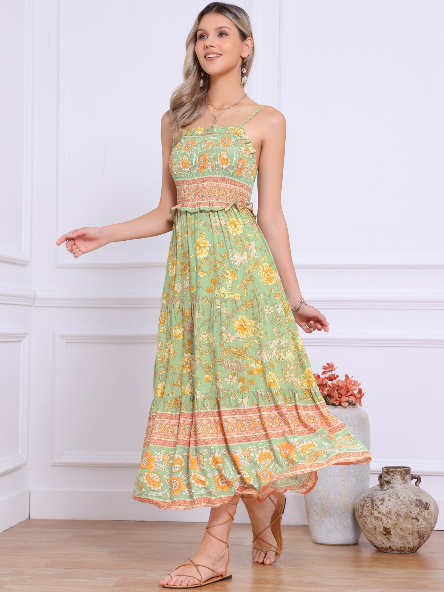 Boho Floral Summer Spaghetti Strap A-Line Flowy Smocked Midi Dress Sundress