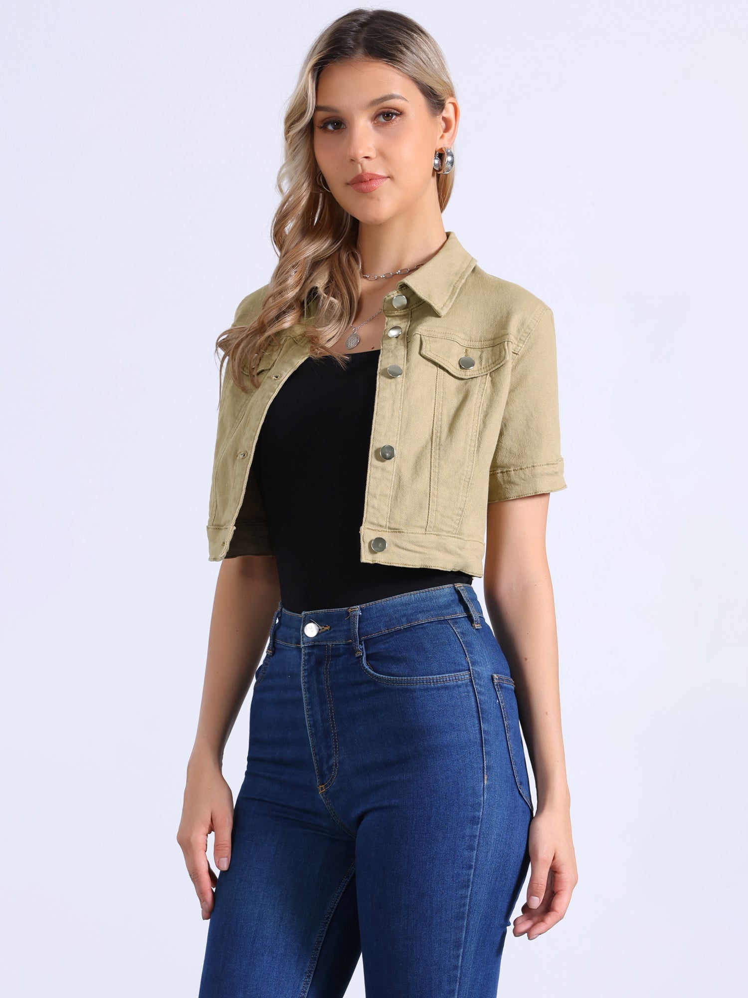 Casual Lapel Short Sleeve Crop Top Jean Denim Jacket