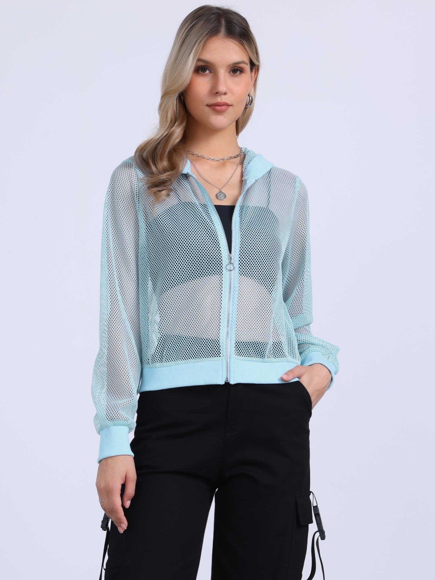 Zip Up Long Sleeve Mesh Sheer Hoodie Bomber Jackets