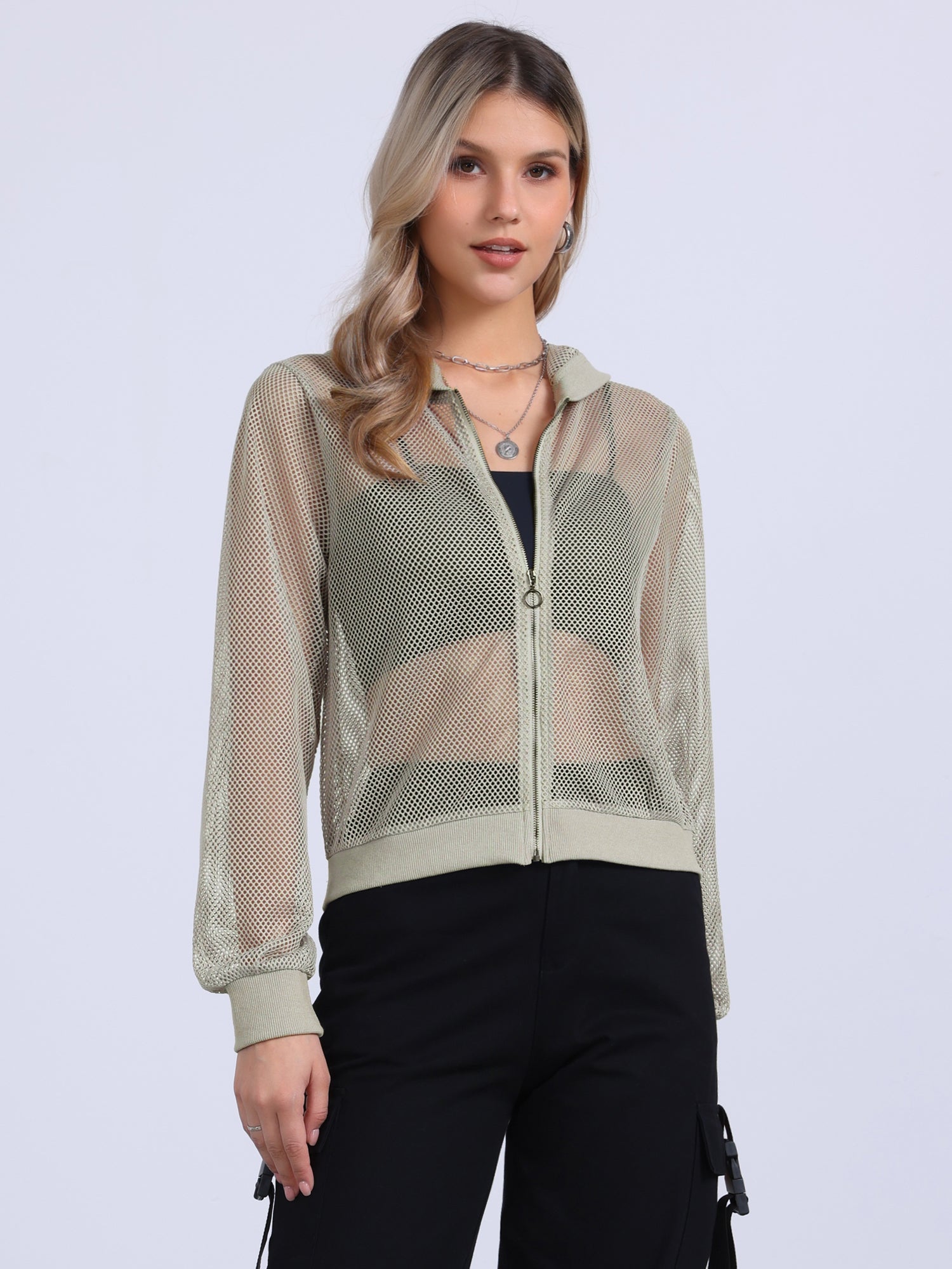Zip Up Long Sleeve Mesh Sheer Hoodie Bomber Jackets