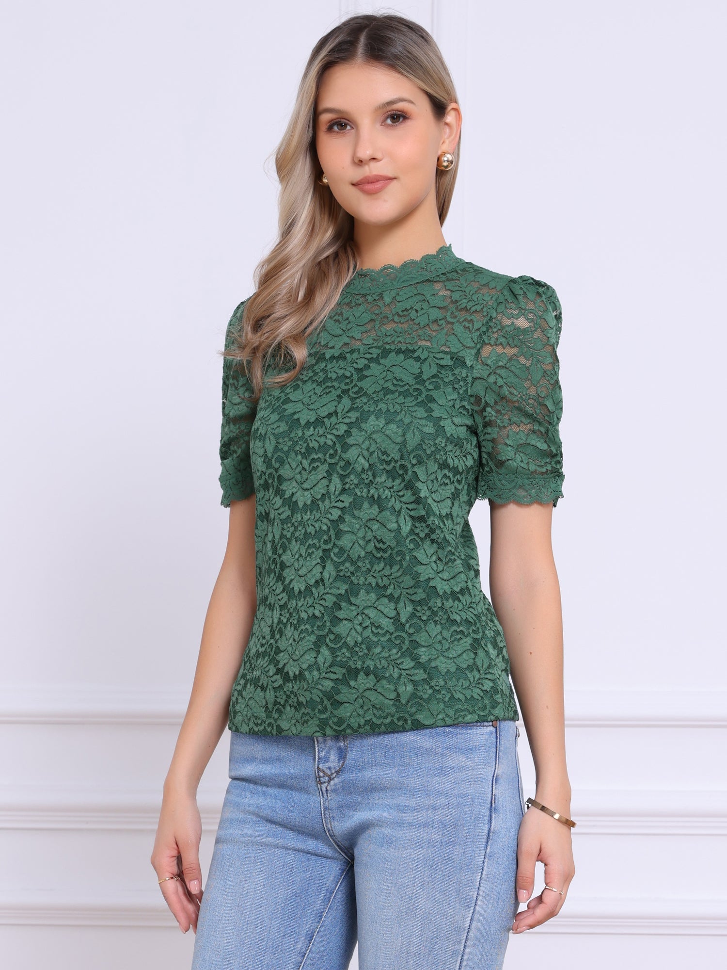 Floral Lace Mock Neck Puff Short Sleeve Blouse