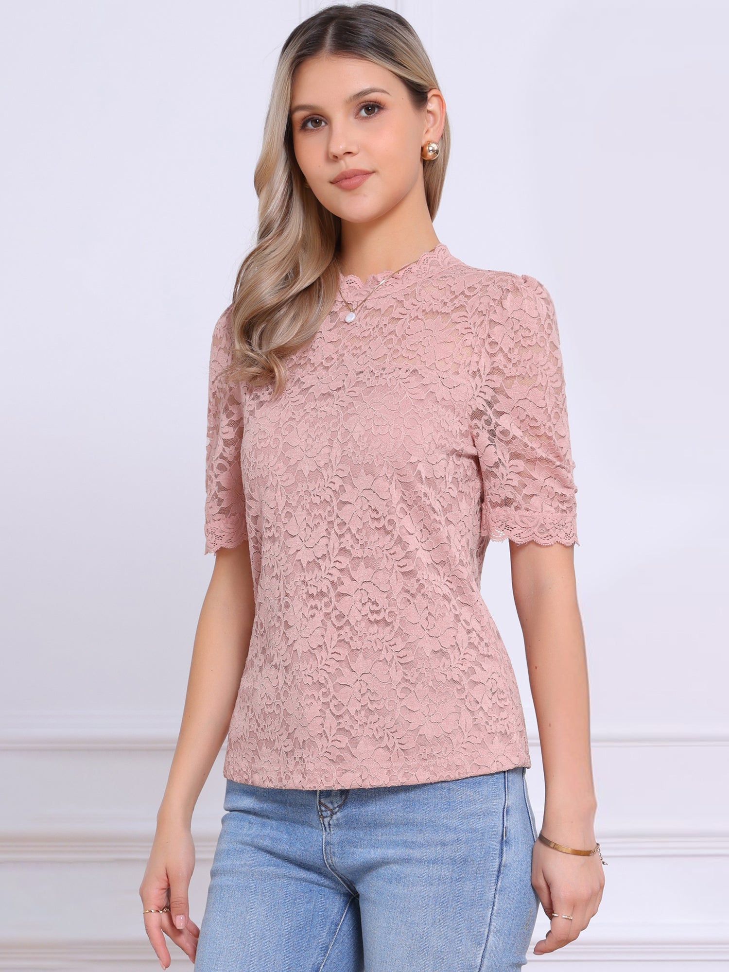Floral Lace Mock Neck Puff Short Sleeve Blouse
