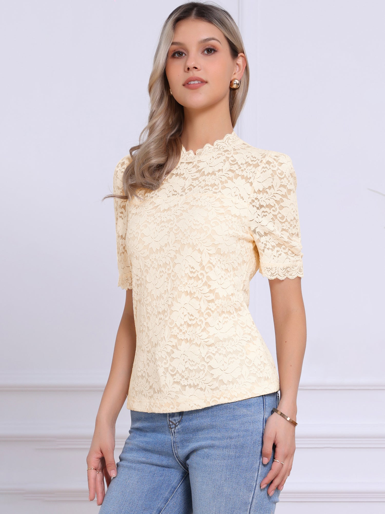 Floral Lace Mock Neck Puff Short Sleeve Blouse