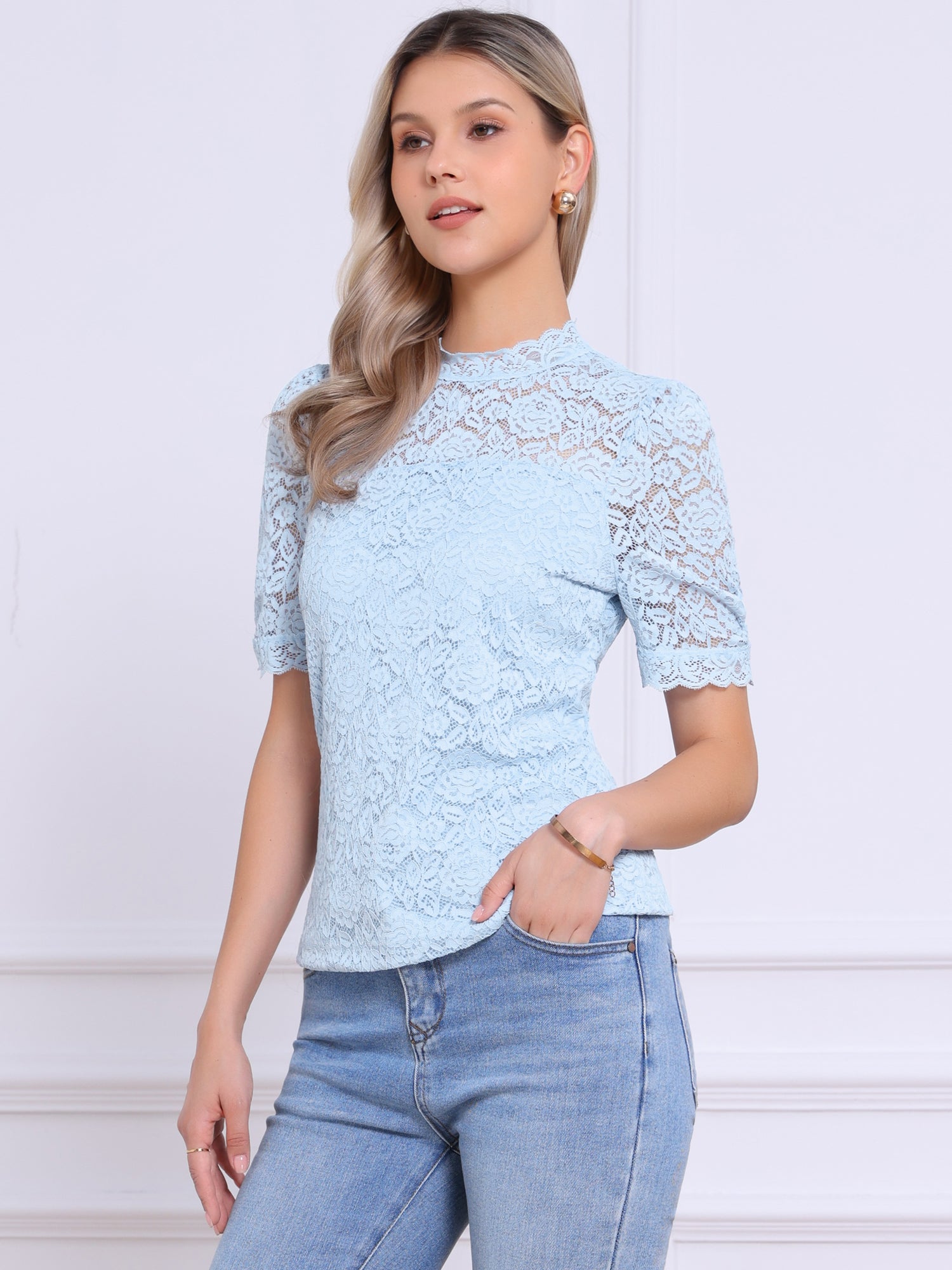 Floral Lace Mock Neck Puff Short Sleeve Blouse